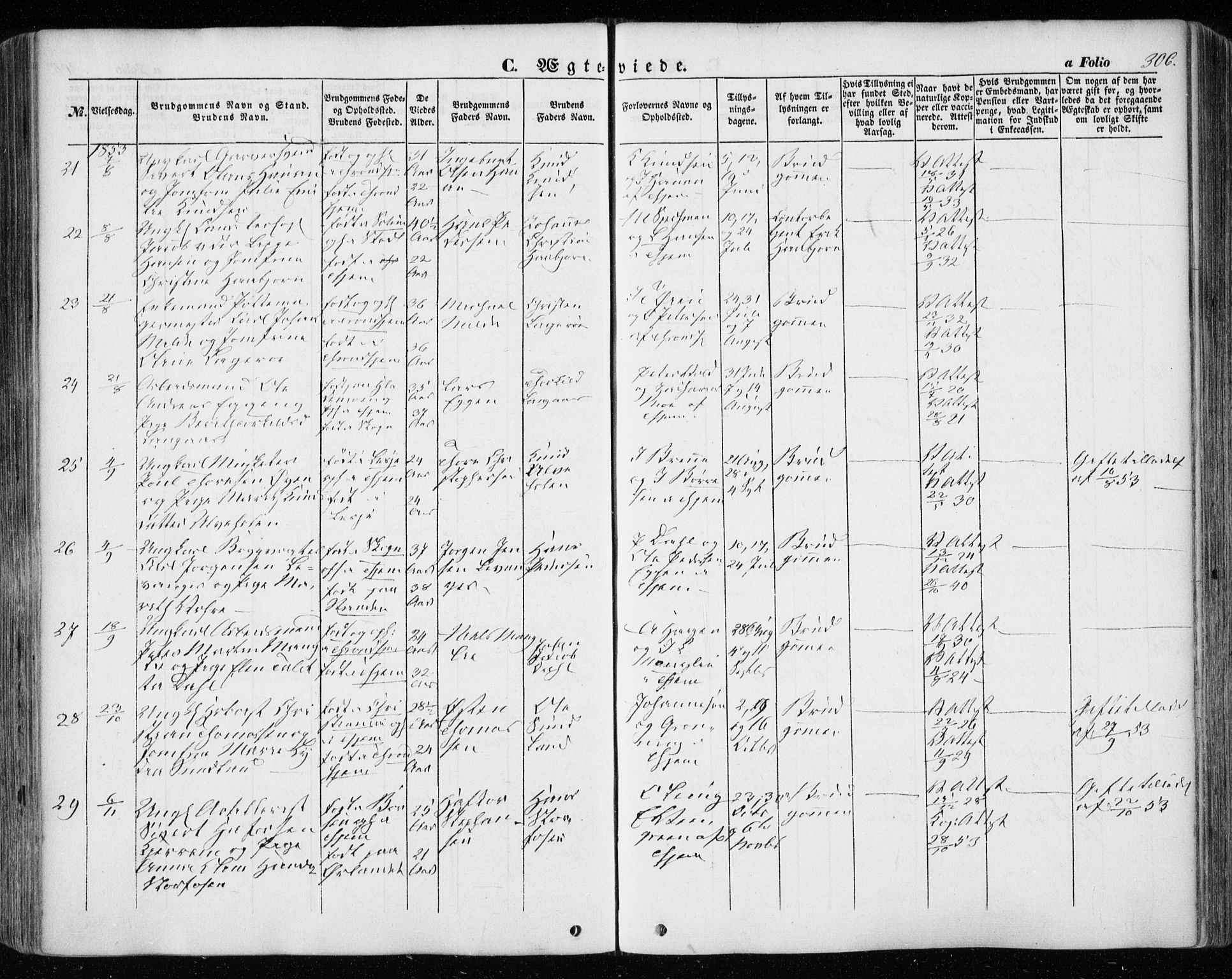 Ministerialprotokoller, klokkerbøker og fødselsregistre - Sør-Trøndelag, AV/SAT-A-1456/601/L0051: Parish register (official) no. 601A19, 1848-1857, p. 306