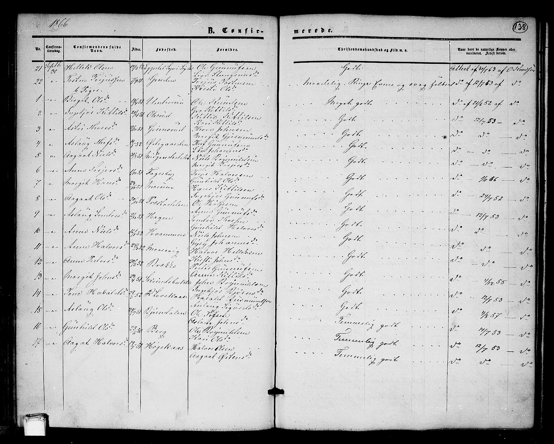 Tinn kirkebøker, SAKO/A-308/G/Ga/L0002: Parish register (copy) no. I 2, 1851-1883, p. 138