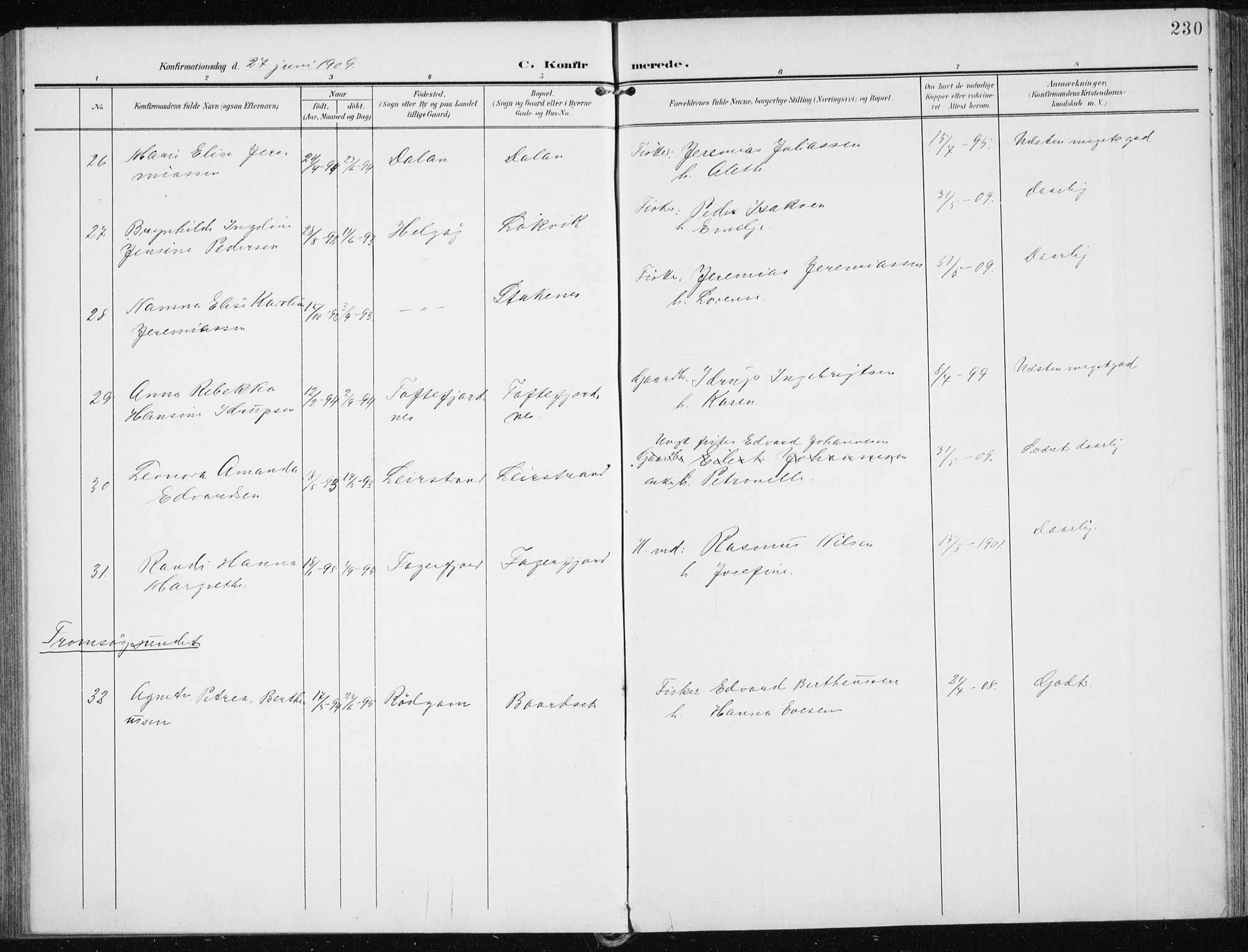 Karlsøy sokneprestembete, SATØ/S-1299/H/Ha/Haa/L0014kirke: Parish register (official) no. 14, 1903-1917, p. 230