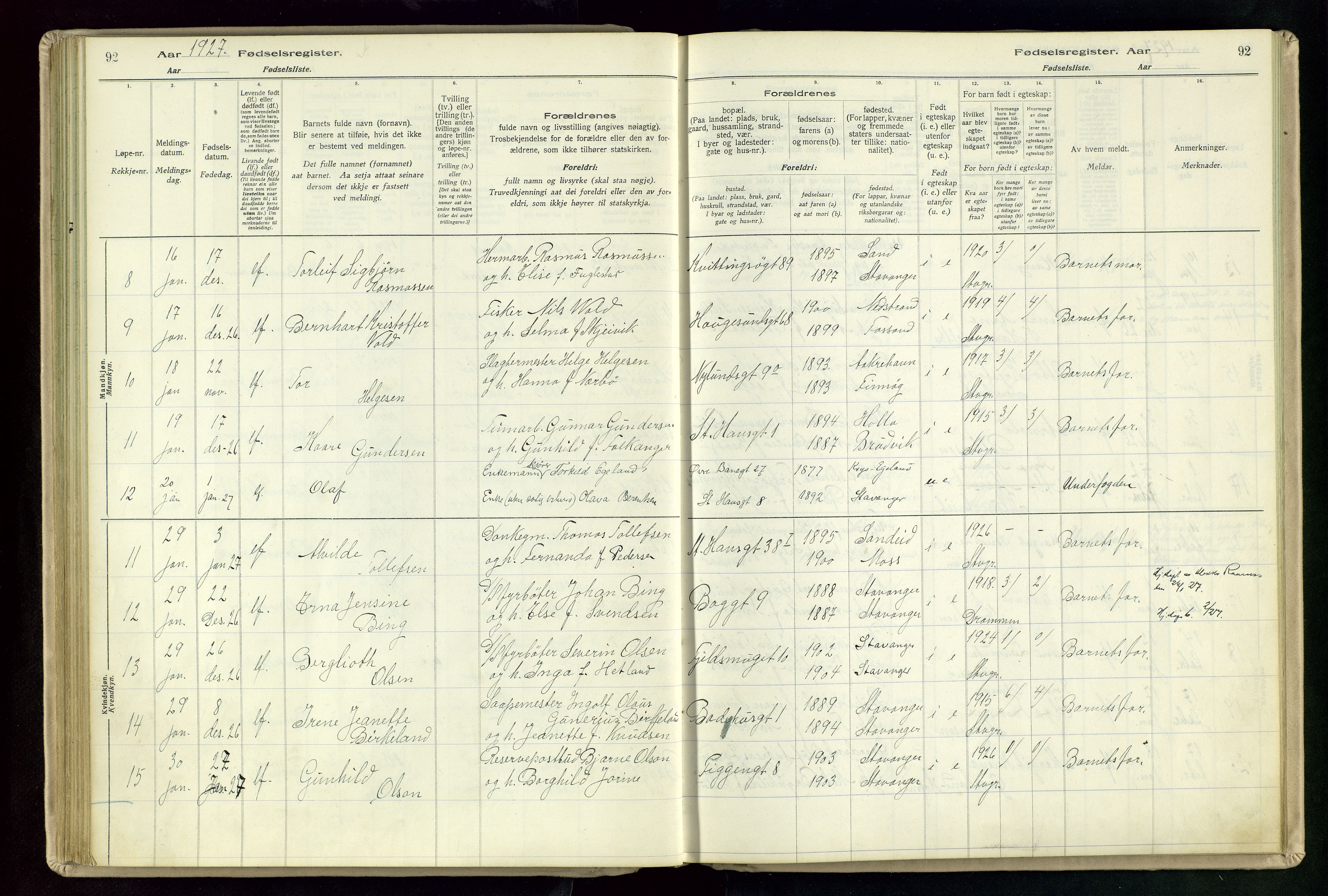 St. Johannes sokneprestkontor, SAST/A-101814/002/A/L0003: Birth register no. 3, 1924-1930, p. 92