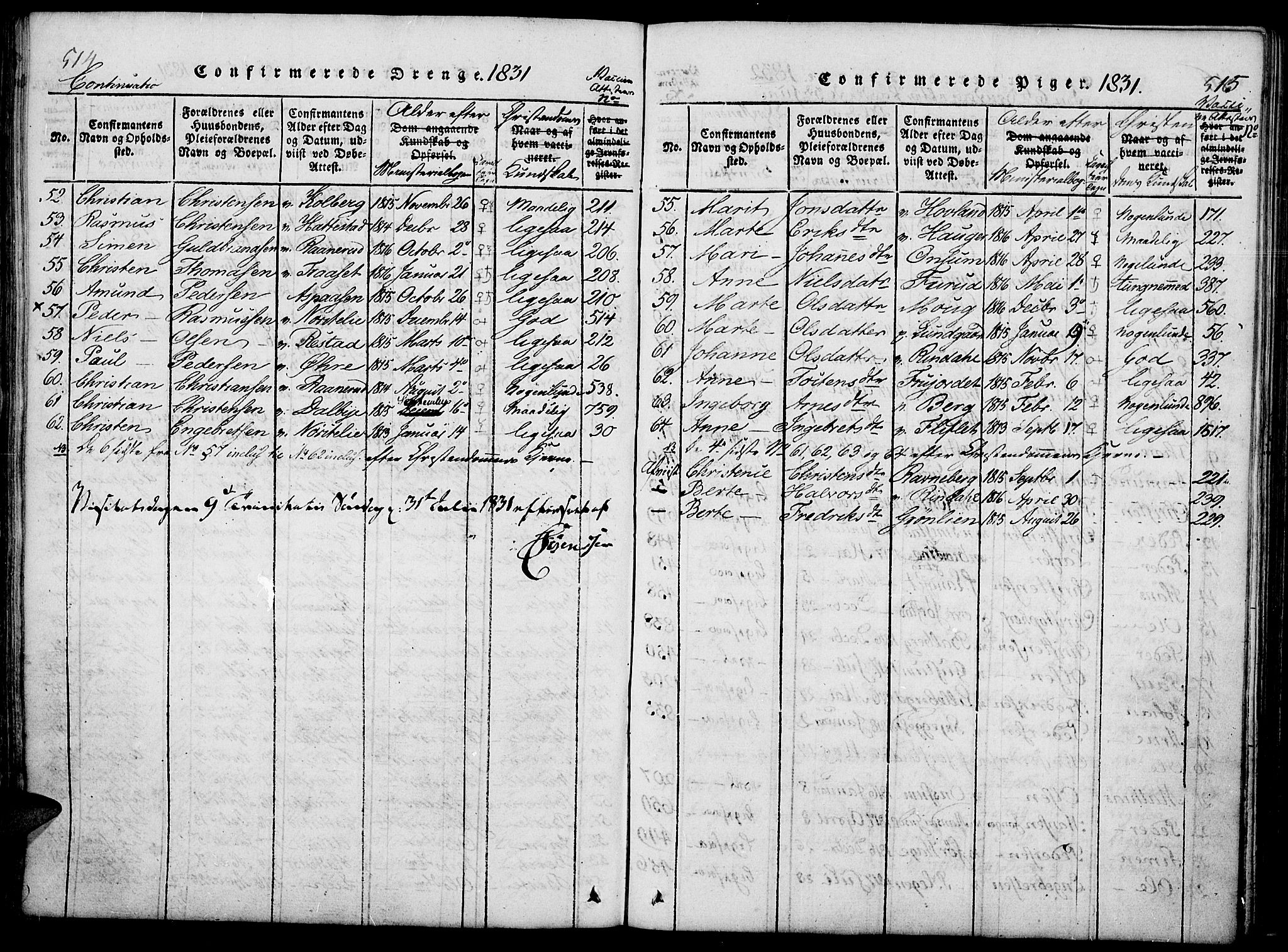 Fåberg prestekontor, SAH/PREST-086/H/Ha/Haa/L0003: Parish register (official) no. 3, 1818-1833, p. 514-515