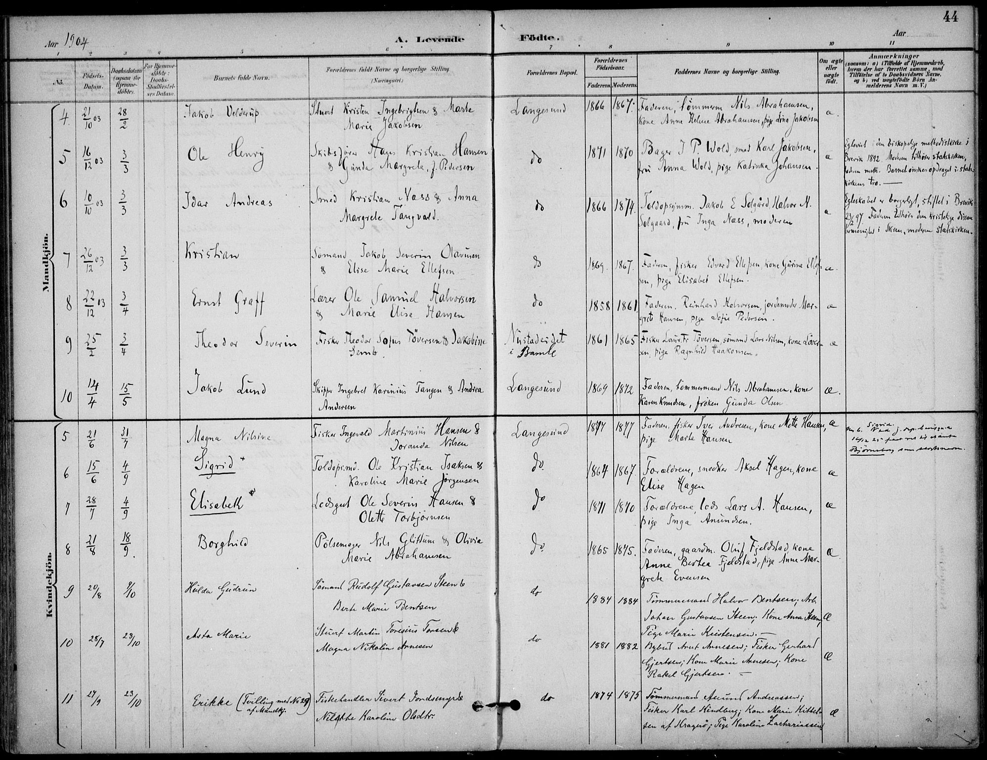 Langesund kirkebøker, SAKO/A-280/F/Fa/L0003: Parish register (official) no. 3, 1893-1907, p. 44