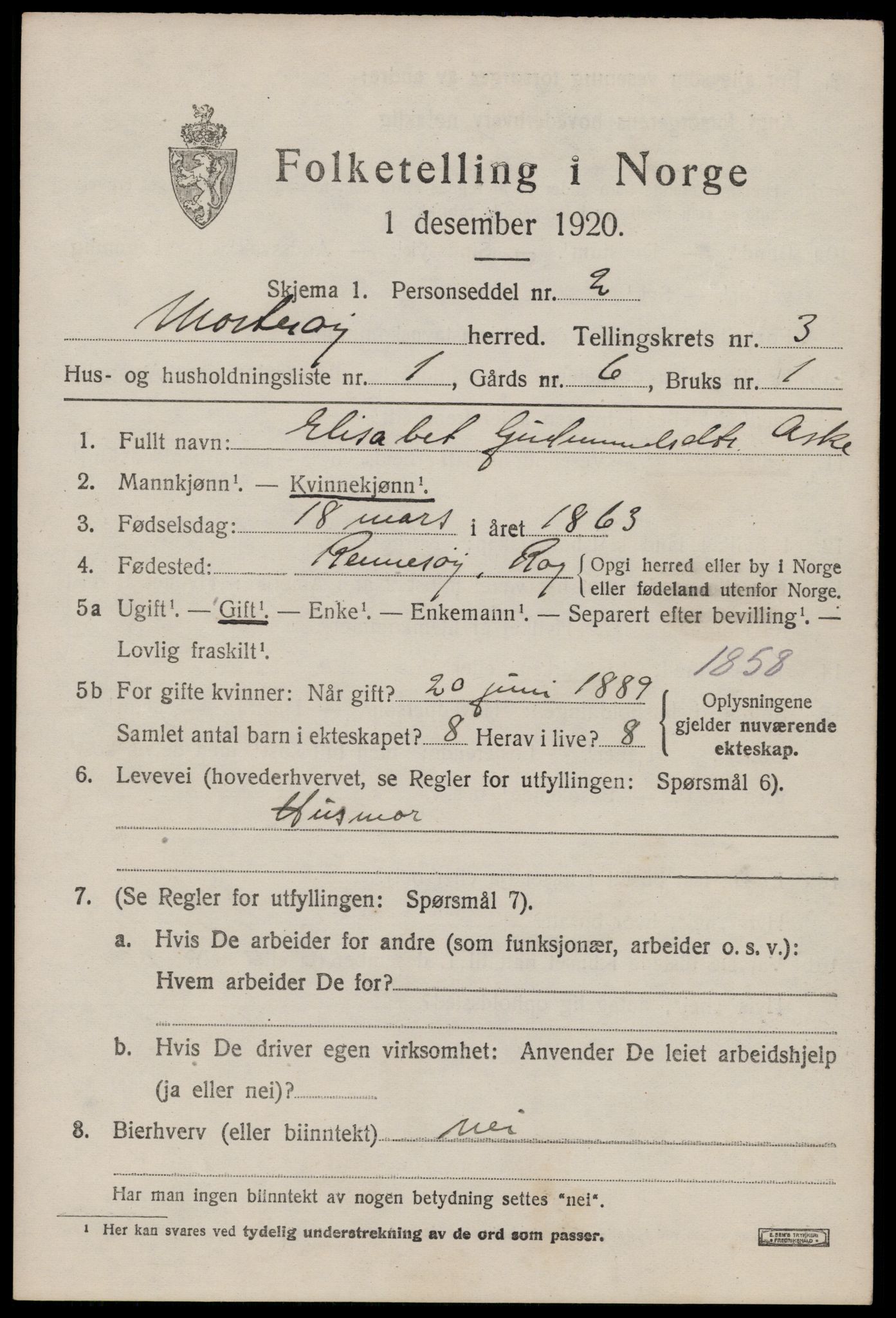 SAST, 1920 census for Mosterøy, 1920, p. 1064