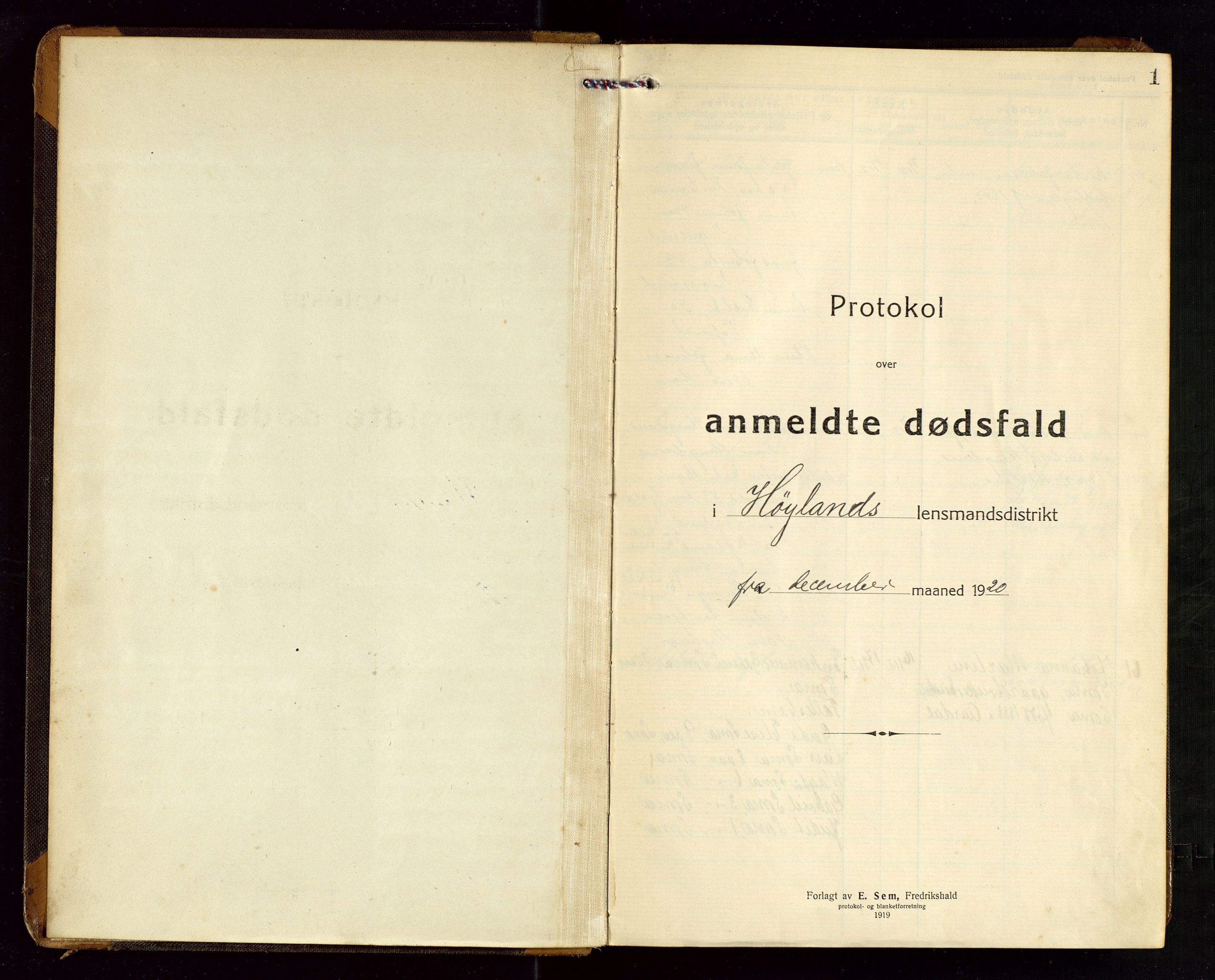 Høyland/Sandnes lensmannskontor, SAST/A-100166/Gga/L0005: "Protkokol over anmeldte dødsfald i Høylands lensmandsdistrikt", 1920-1926, p. 1