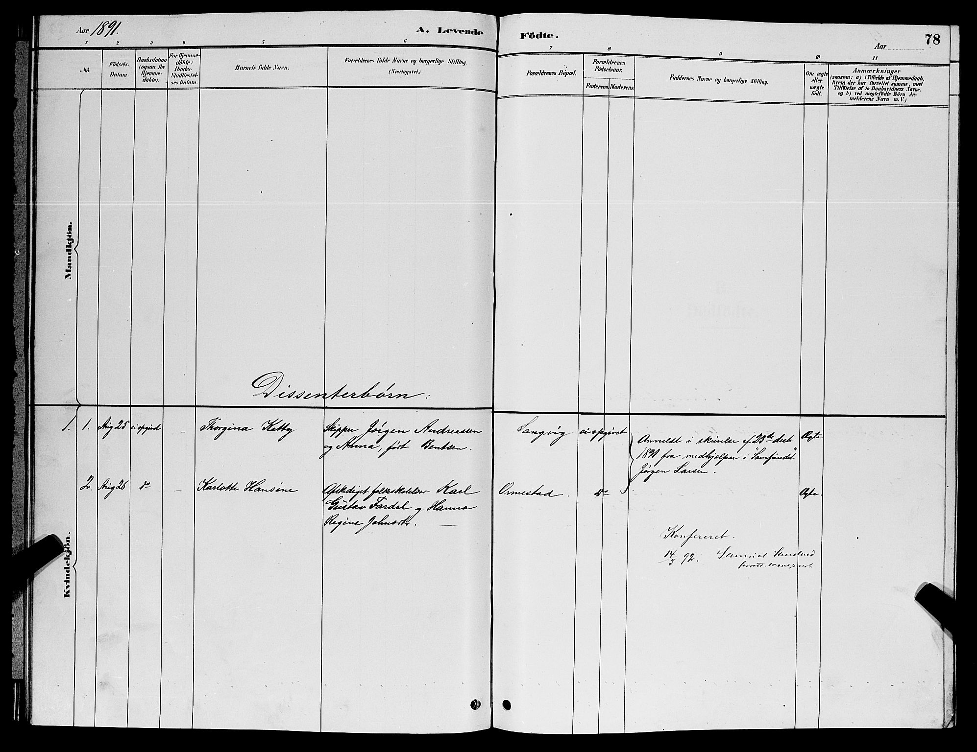 Søgne sokneprestkontor, AV/SAK-1111-0037/F/Fb/Fbb/L0005: Parish register (copy) no. B 5, 1884-1891, p. 78