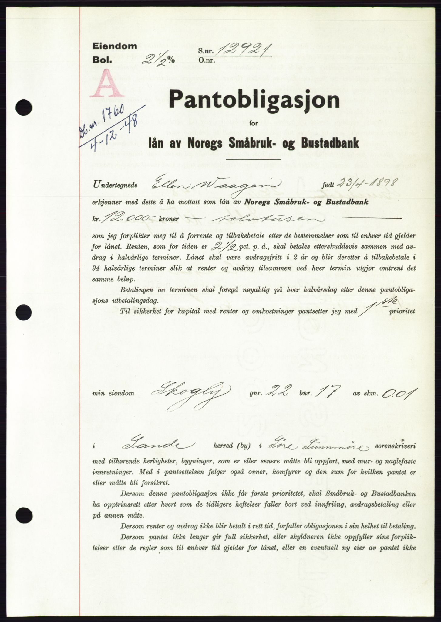 Søre Sunnmøre sorenskriveri, AV/SAT-A-4122/1/2/2C/L0116: Mortgage book no. 4B, 1948-1949, Diary no: : 1760/1948