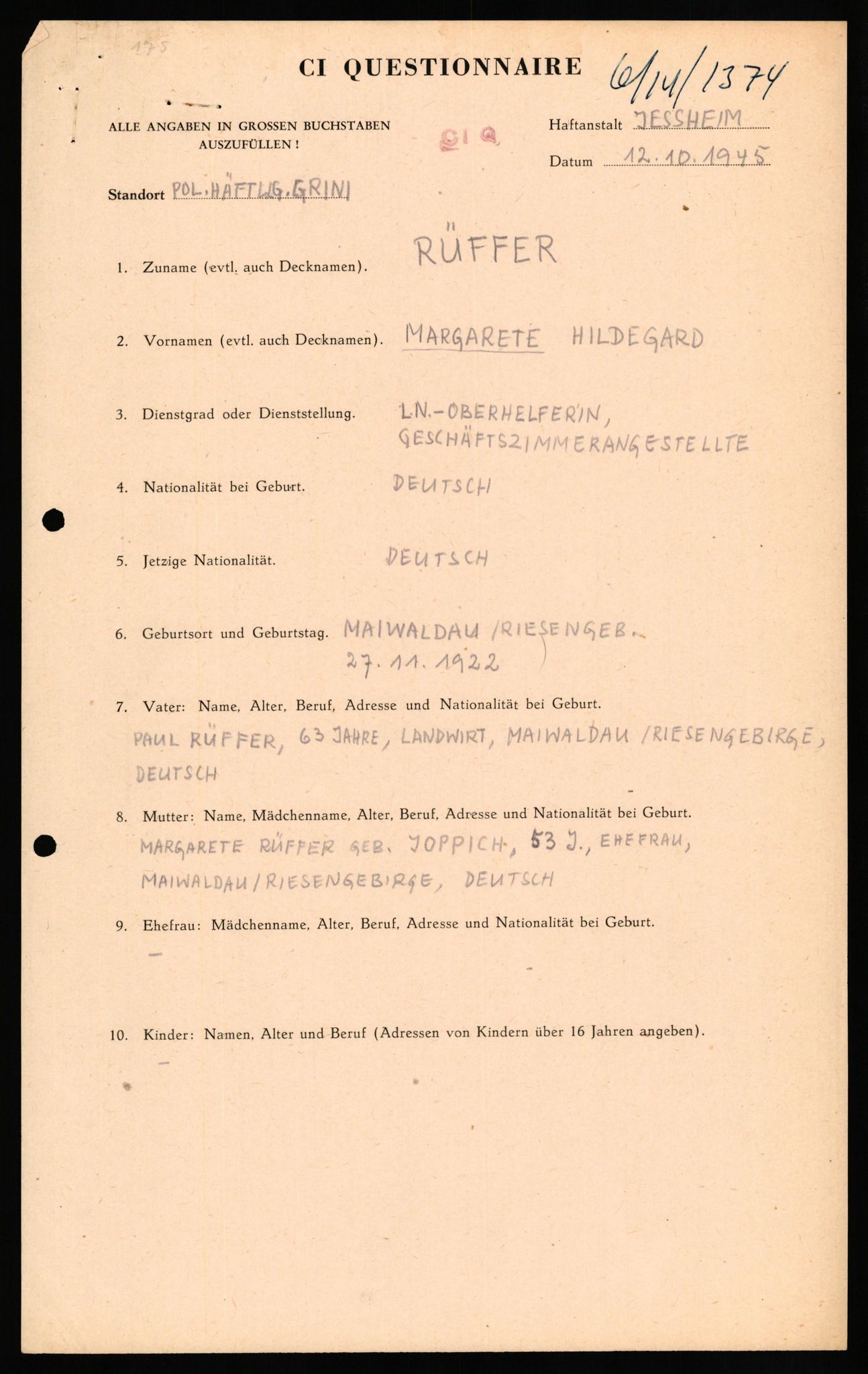 Forsvaret, Forsvarets overkommando II, RA/RAFA-3915/D/Db/L0028: CI Questionaires. Tyske okkupasjonsstyrker i Norge. Tyskere., 1945-1946, p. 316