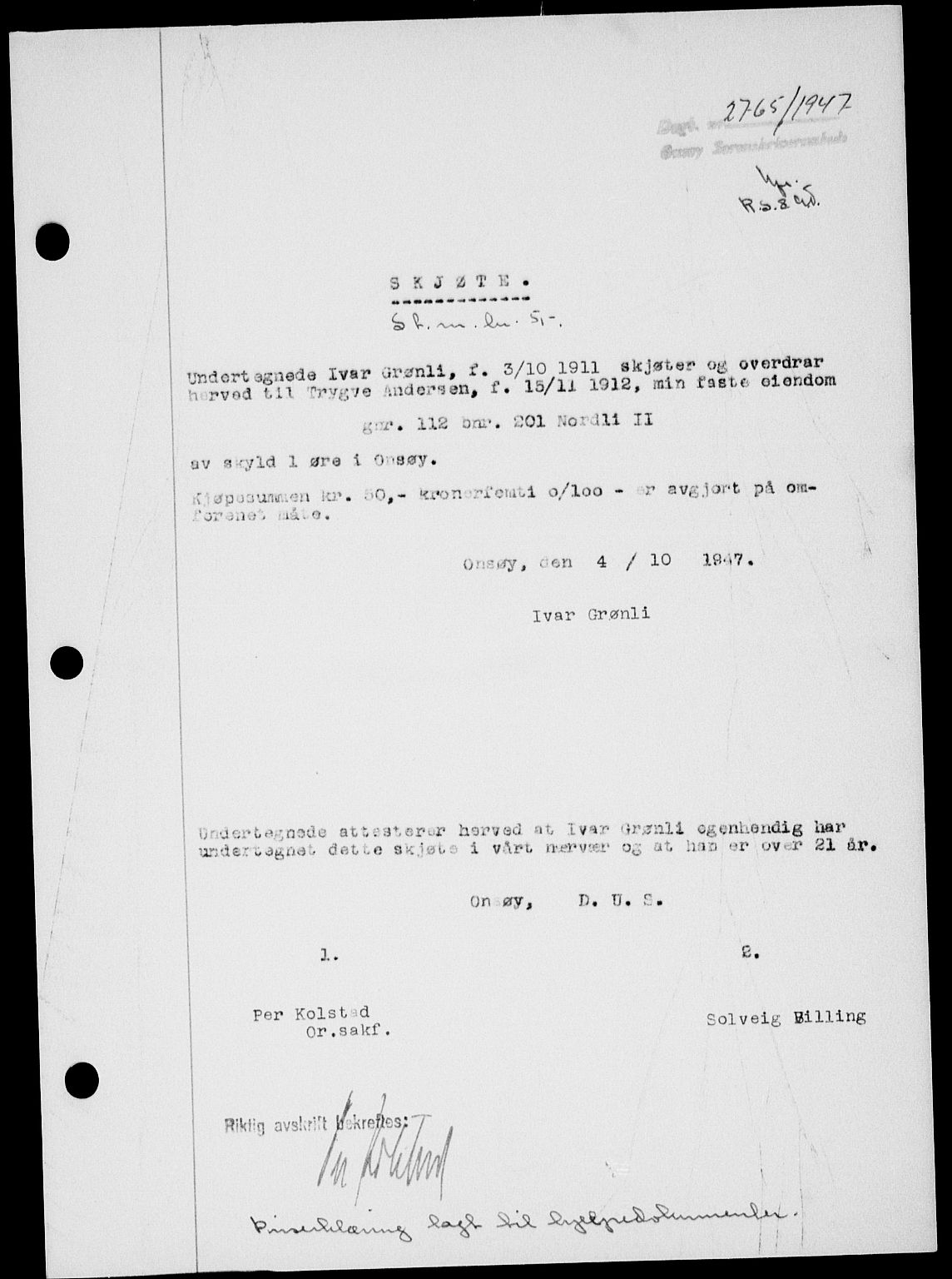 Onsøy sorenskriveri, SAO/A-10474/G/Ga/Gab/L0021: Mortgage book no. II A-21, 1947-1947, Diary no: : 2765/1947