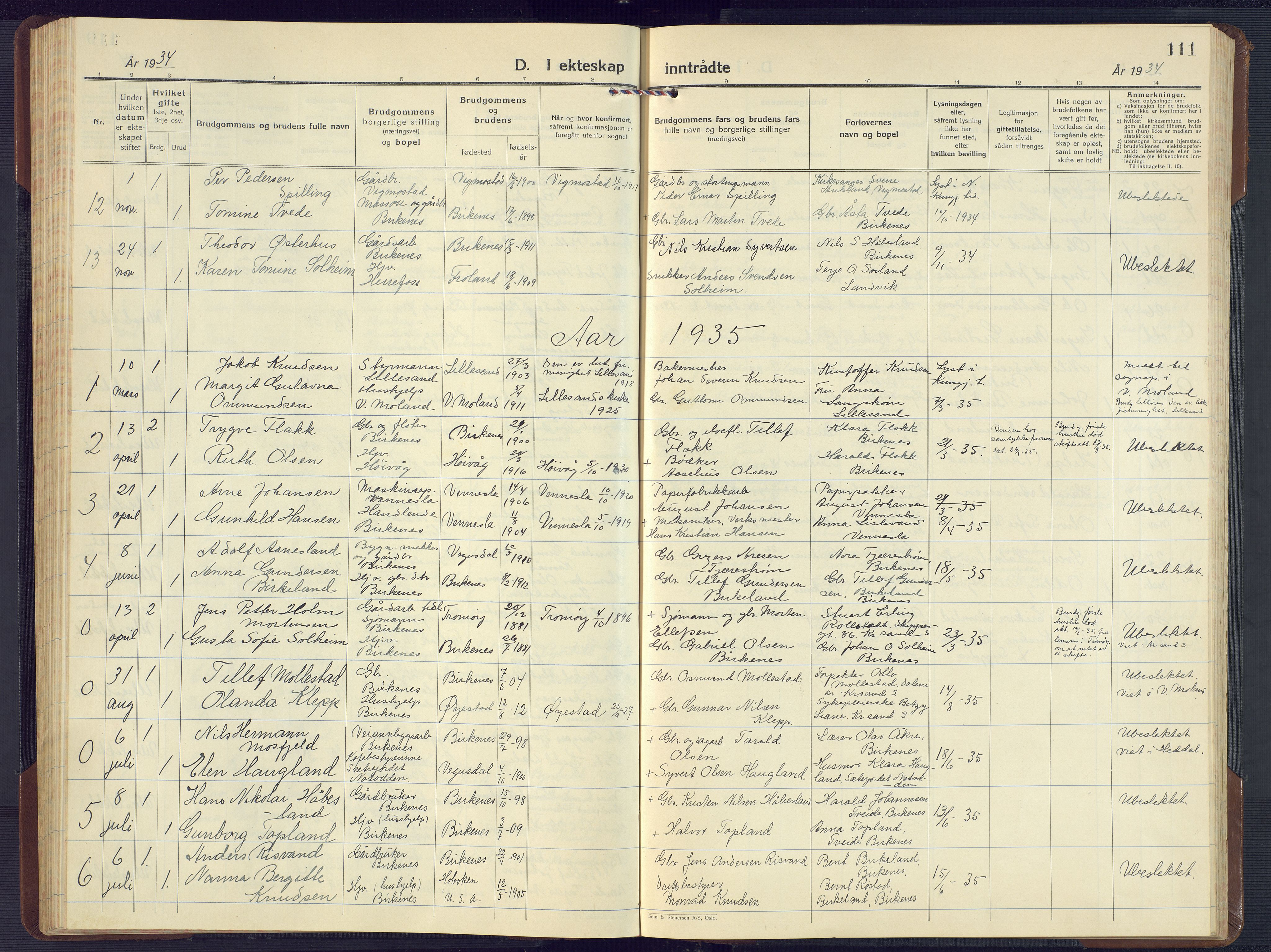 Birkenes sokneprestkontor, SAK/1111-0004/F/Fb/L0005: Parish register (copy) no. B 5, 1930-1957, p. 111