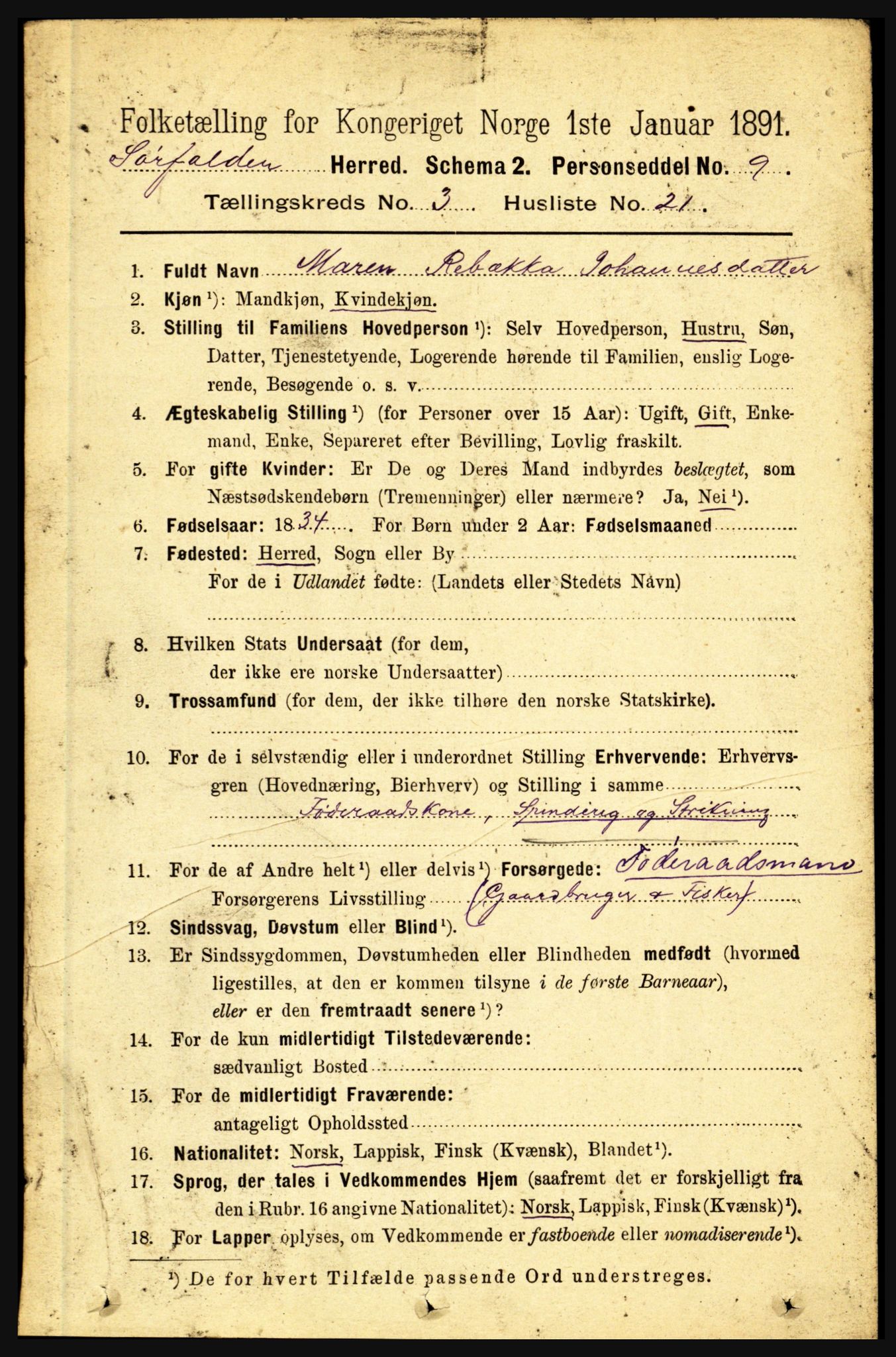 RA, 1891 census for 1845 Sørfold, 1891, p. 592