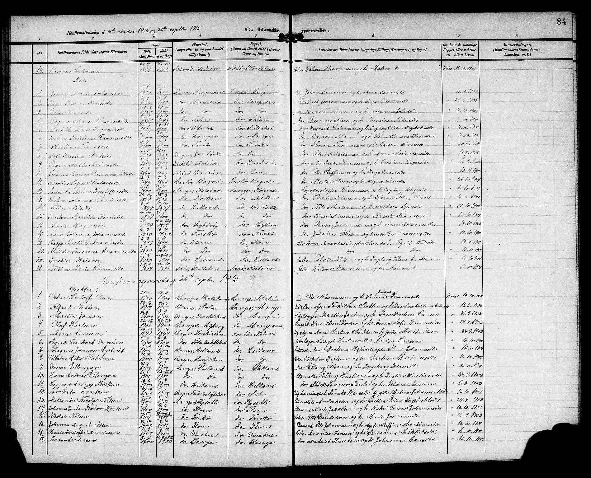 Manger sokneprestembete, SAB/A-76801/H/Hab: Parish register (copy) no. A 2, 1902-1923, p. 84