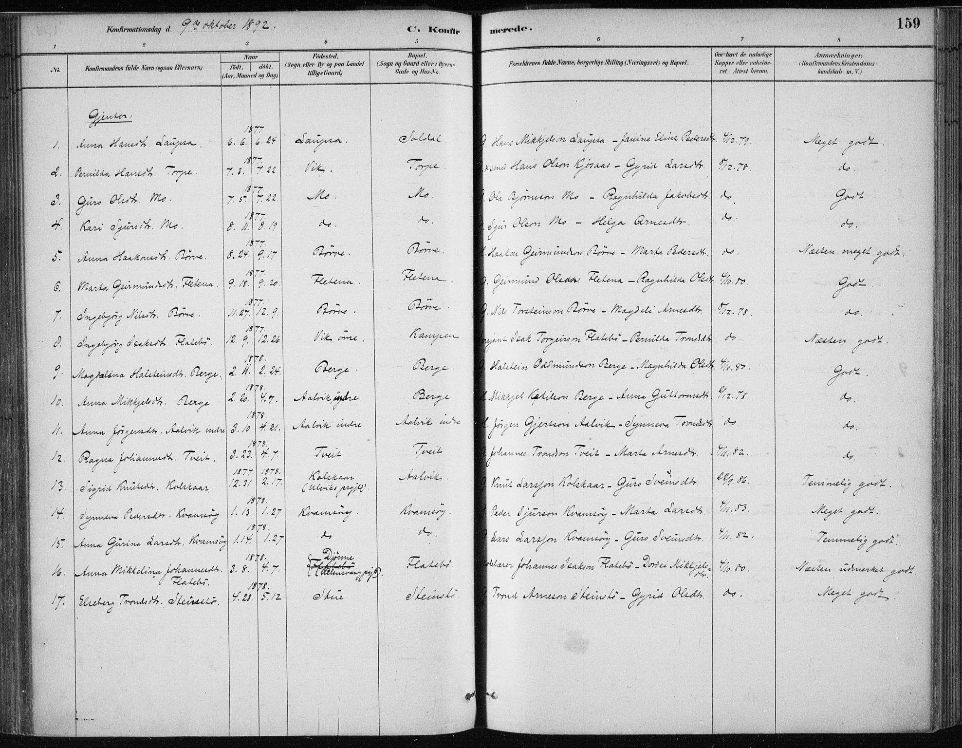 Kvam sokneprestembete, SAB/A-76201/H/Haa: Parish register (official) no. C  1, 1880-1906, p. 159