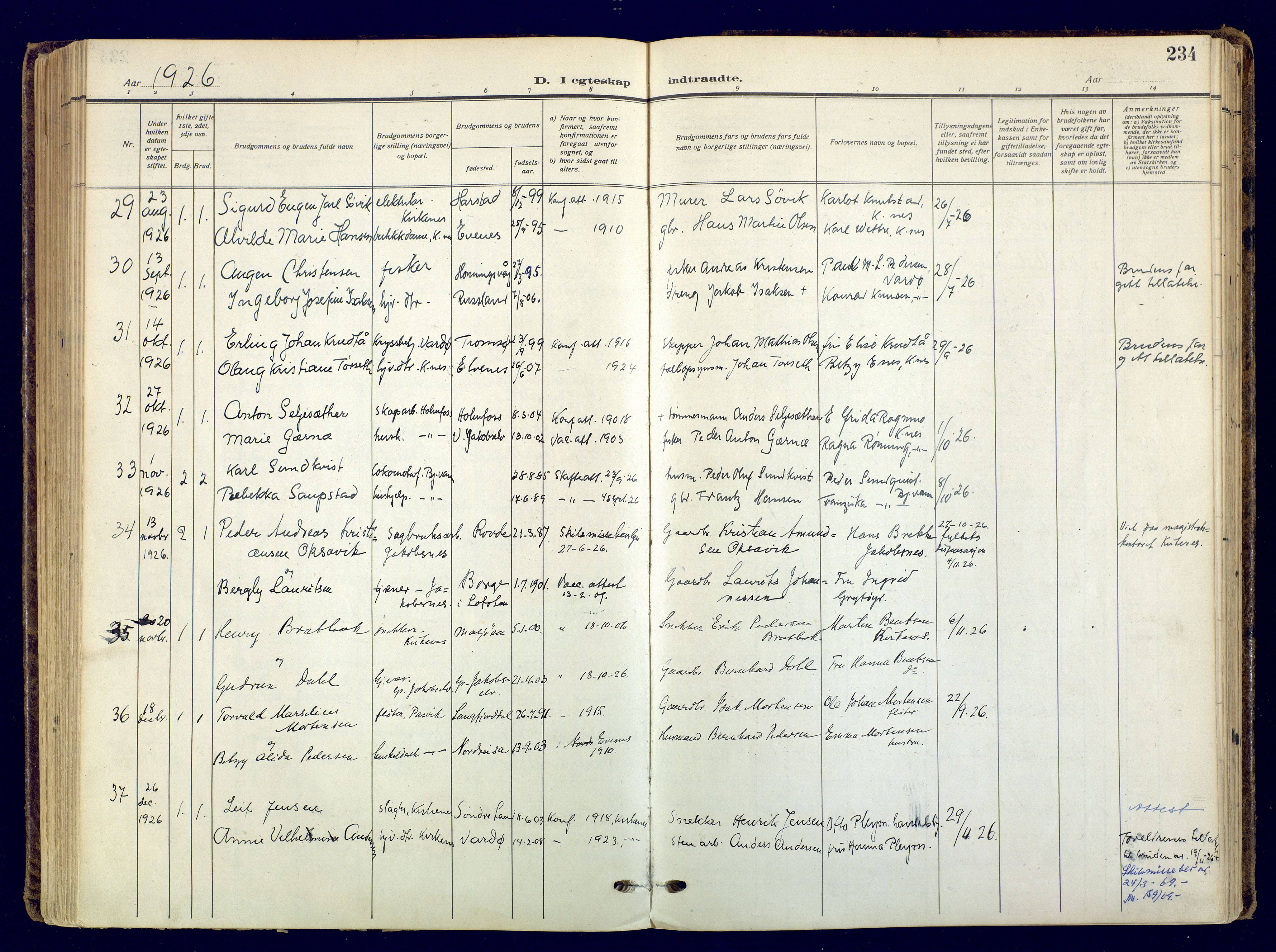 Sør-Varanger sokneprestkontor, AV/SATØ-S-1331/H/Ha/L0006kirke: Parish register (official) no. 6, 1919-1927, p. 234