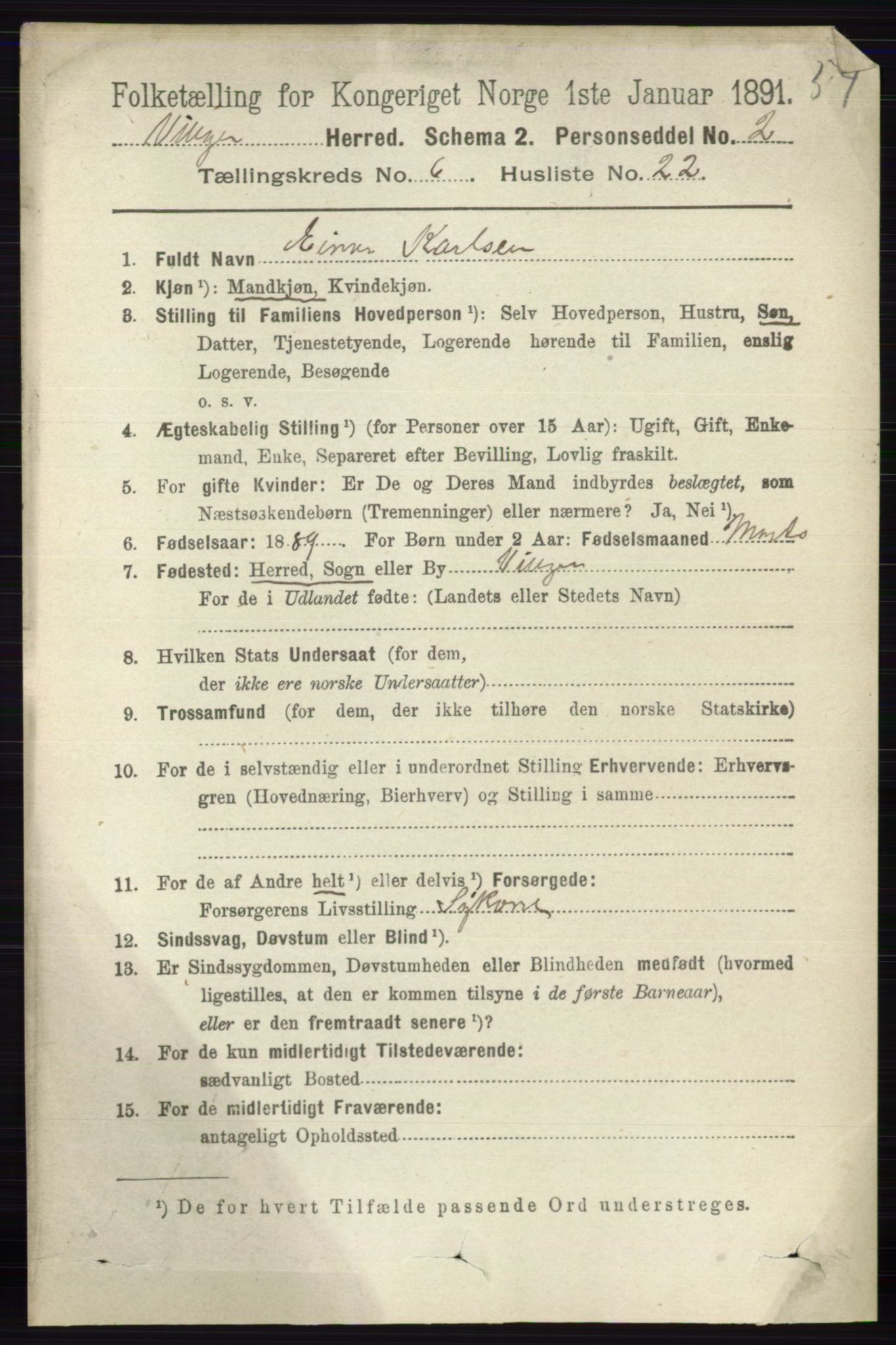 RA, 1891 census for 0421 Vinger, 1891, p. 2743