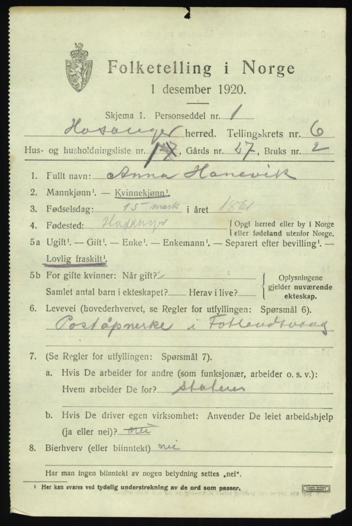 SAB, 1920 census for Hosanger, 1920, p. 2581