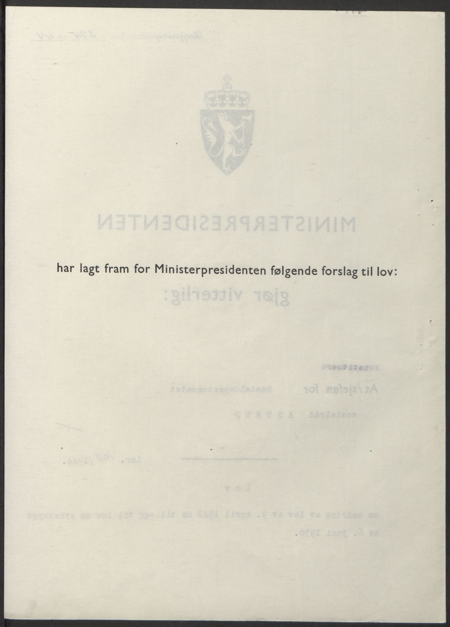 NS-administrasjonen 1940-1945 (Statsrådsekretariatet, de kommisariske statsråder mm), RA/S-4279/D/Db/L0100: Lover, 1944, p. 510