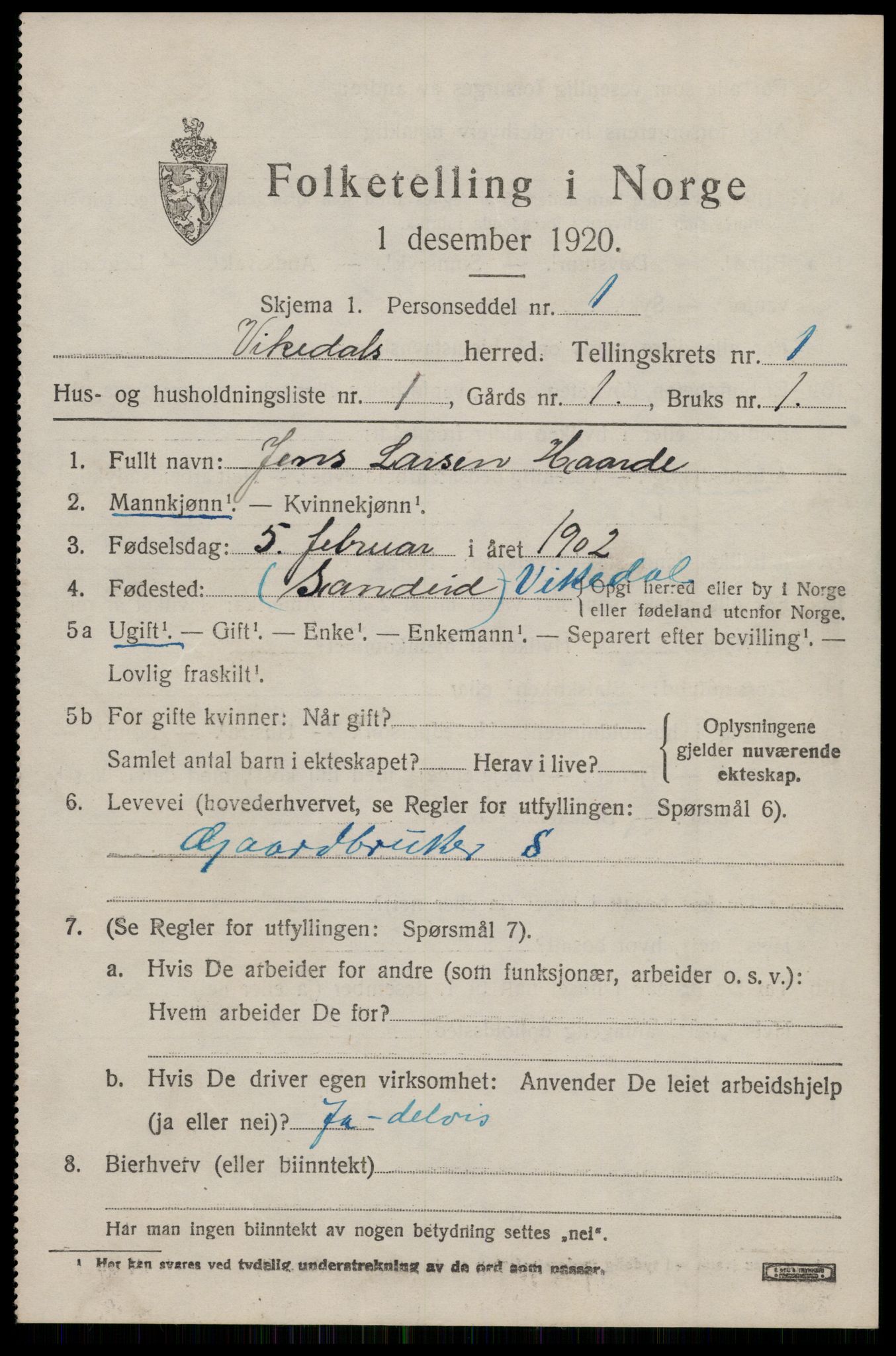 SAST, 1920 census for Vikedal, 1920, p. 1191
