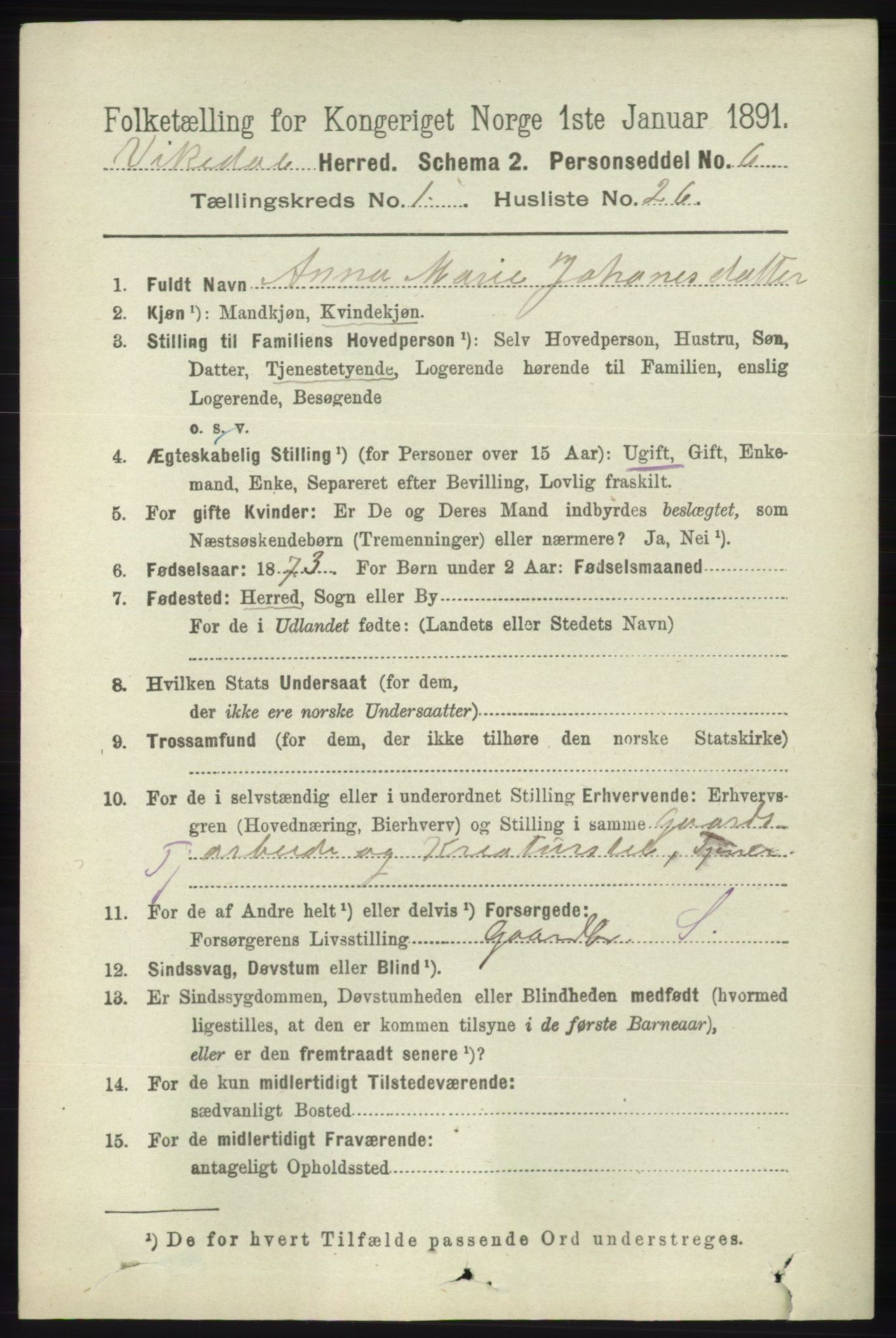 RA, 1891 census for 1157 Vikedal, 1891, p. 192