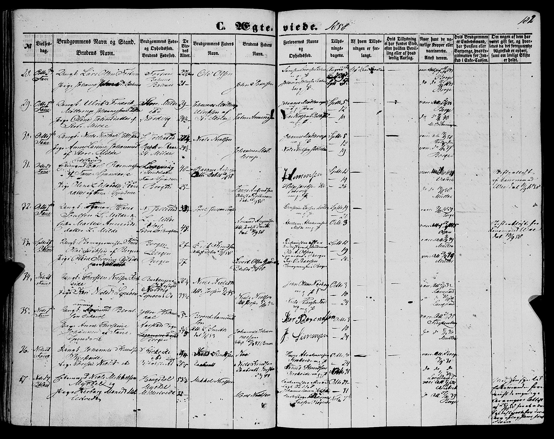 Fana Sokneprestembete, SAB/A-75101/H/Haa/Haaa/L0011: Parish register (official) no. A 11, 1851-1862, p. 182