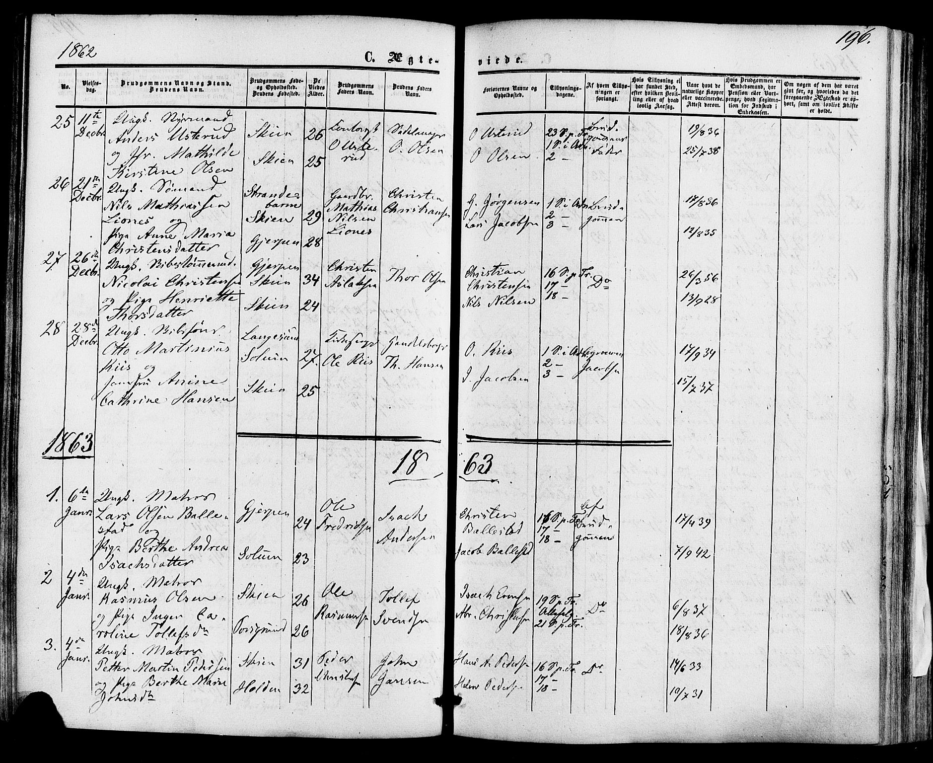 Skien kirkebøker, SAKO/A-302/F/Fa/L0007: Parish register (official) no. 7, 1856-1865, p. 196