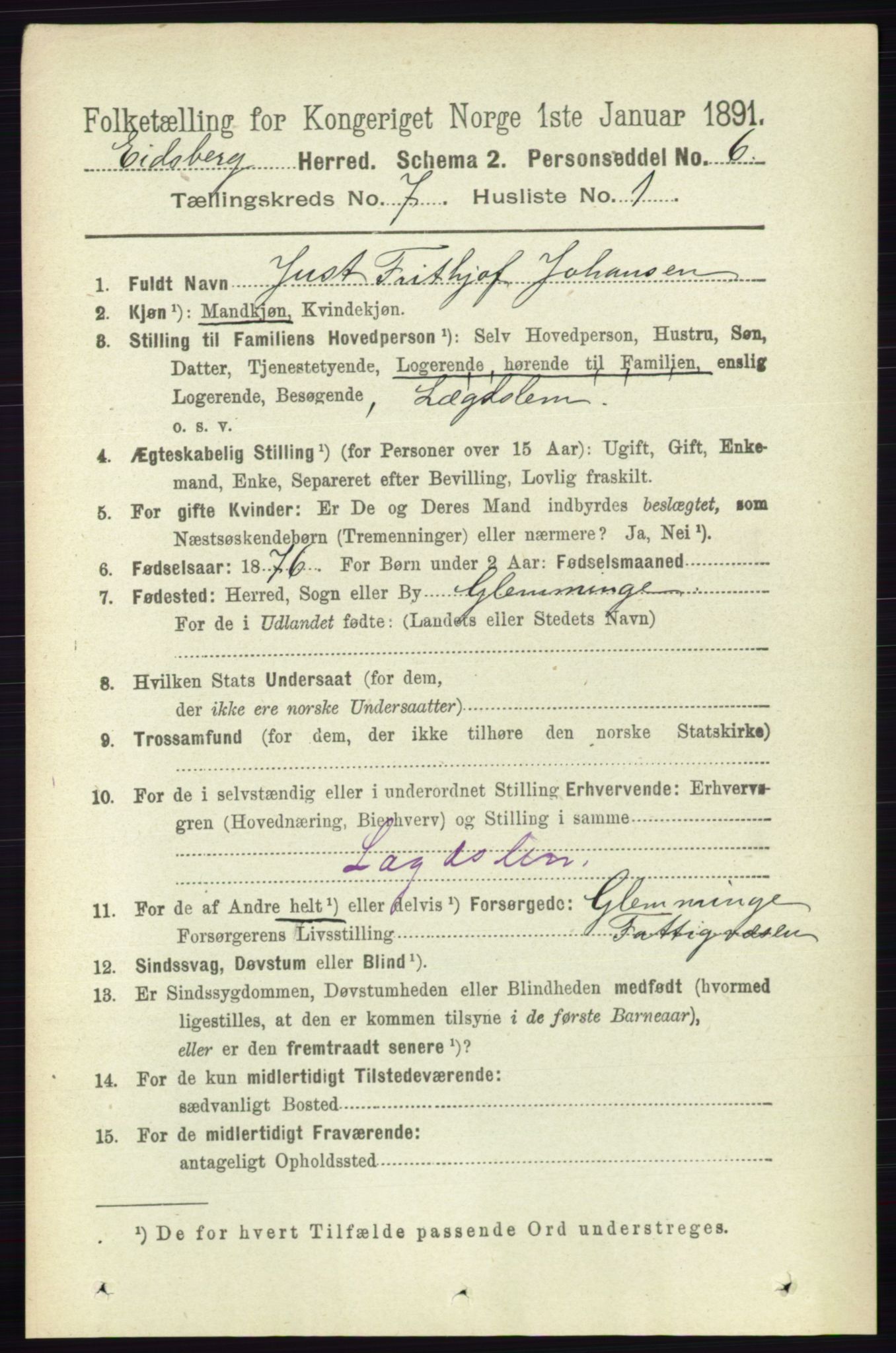 RA, 1891 census for 0125 Eidsberg, 1891, p. 4109