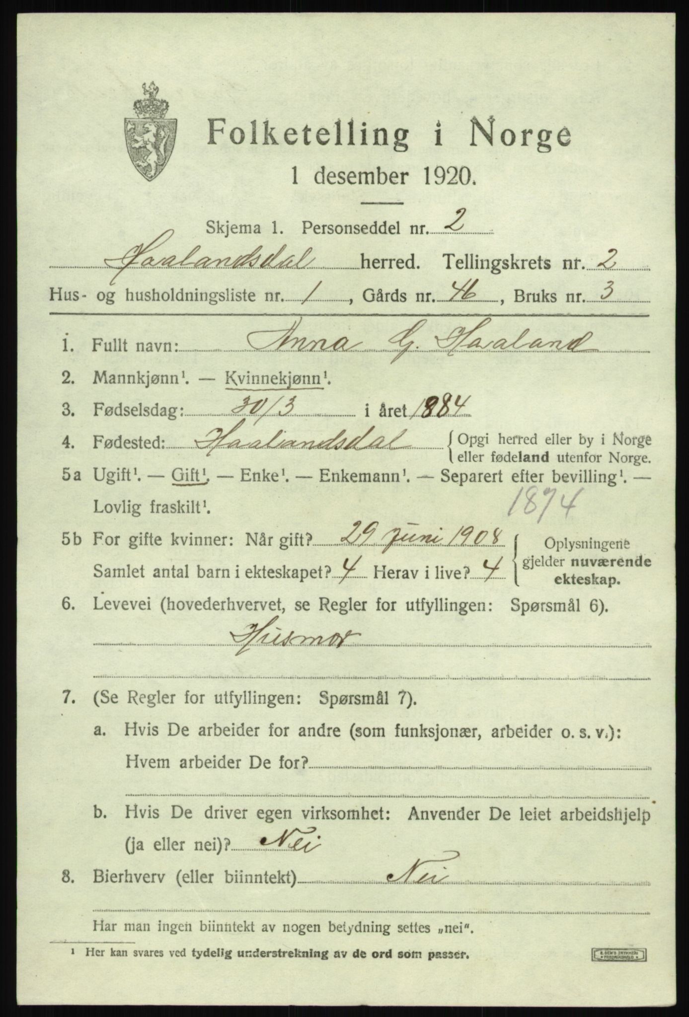 SAB, 1920 census for Hålandsdal, 1920, p. 474