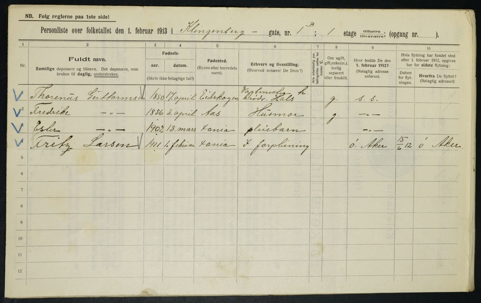 OBA, Municipal Census 1913 for Kristiania, 1913, p. 51578