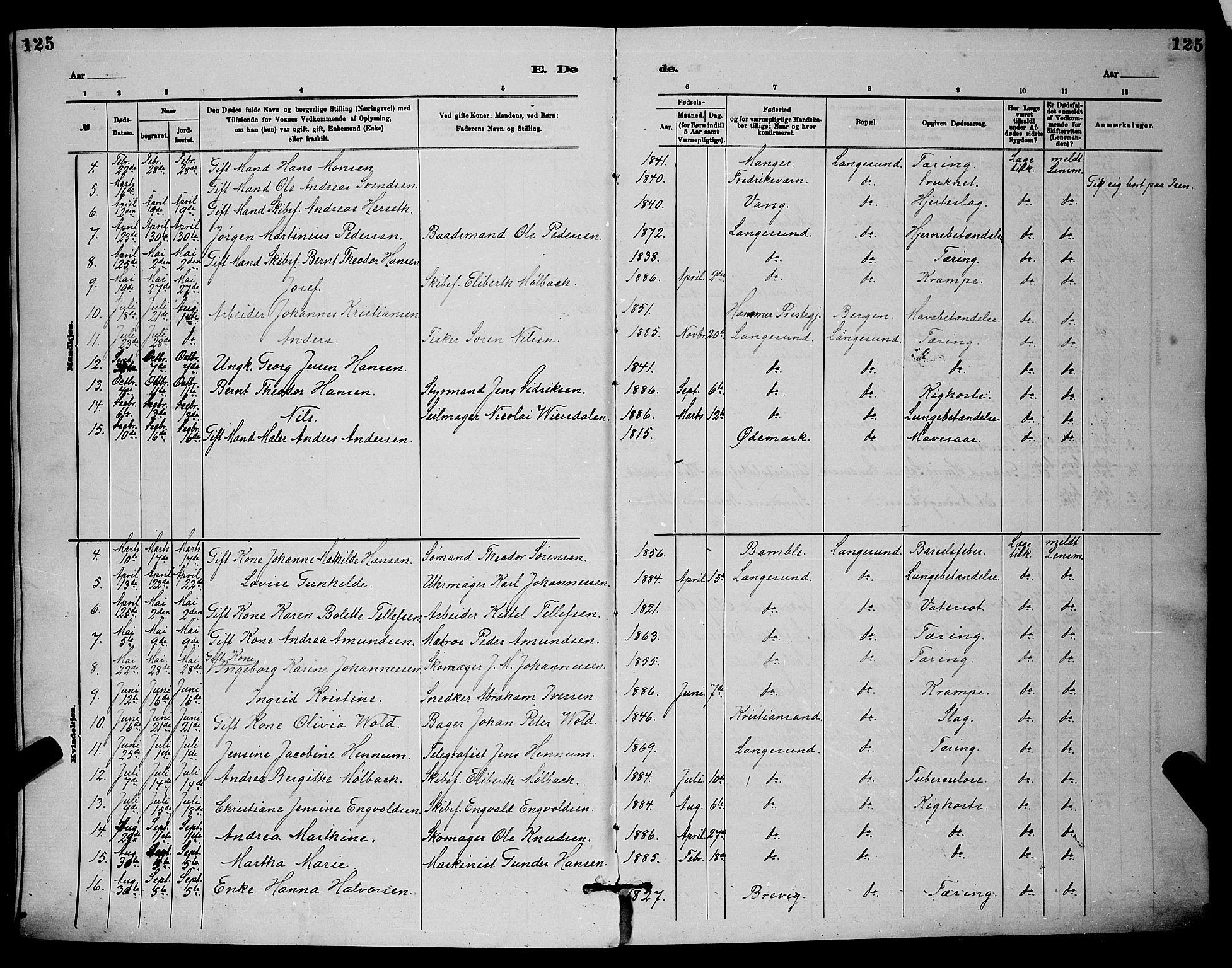 Langesund kirkebøker, SAKO/A-280/G/Ga/L0005: Parish register (copy) no. 5, 1884-1898, p. 125
