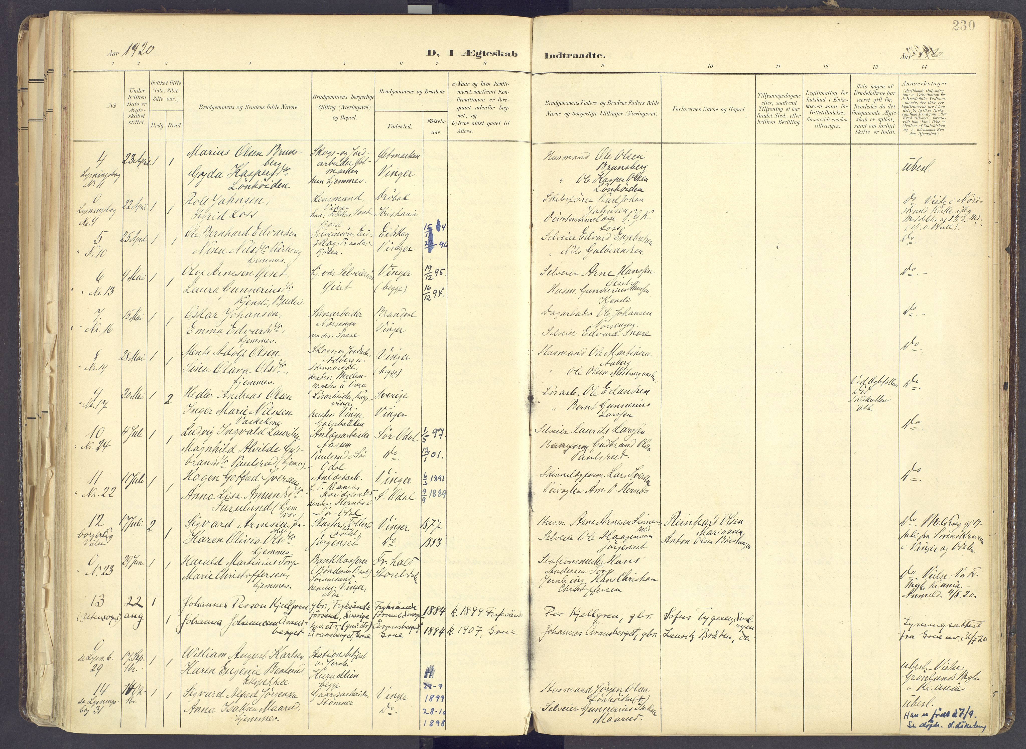 Vinger prestekontor, AV/SAH-PREST-024/H/Ha/Haa/L0017: Parish register (official) no. 17, 1901-1927, p. 230