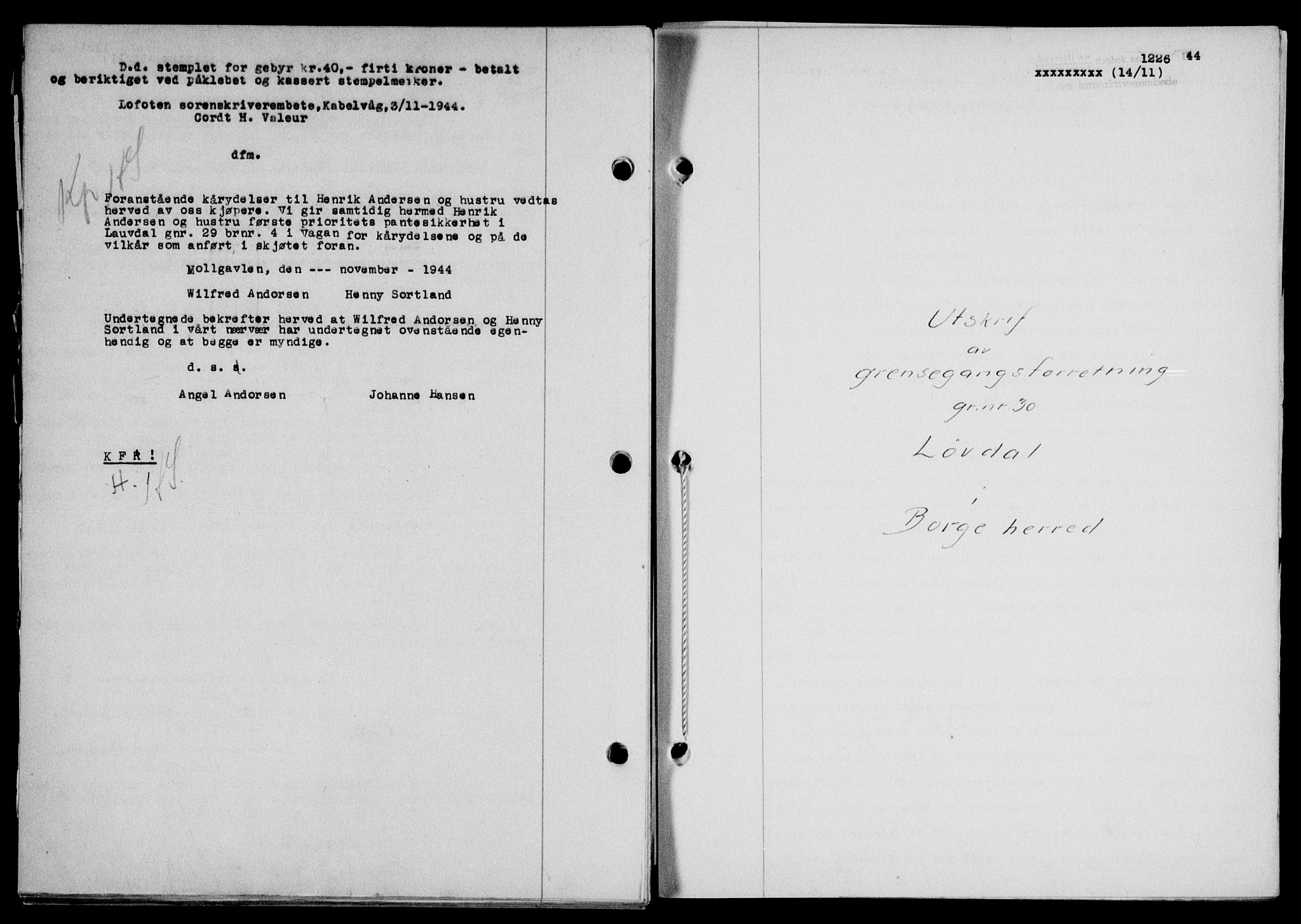 Lofoten sorenskriveri, SAT/A-0017/1/2/2C/L0012a: Mortgage book no. 12a, 1943-1944, Diary no: : 1226/1944