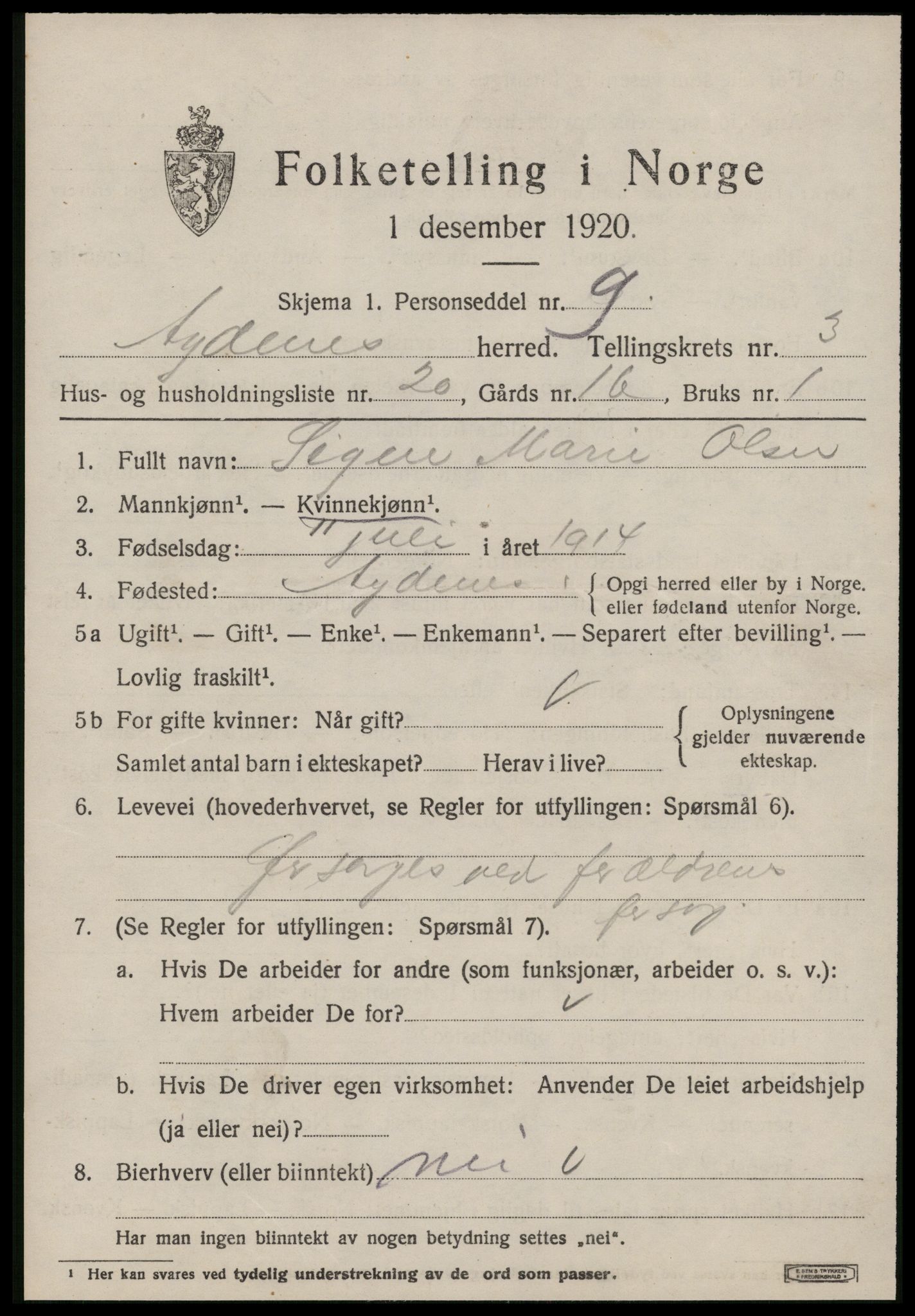 SAT, 1920 census for Agdenes, 1920, p. 2031