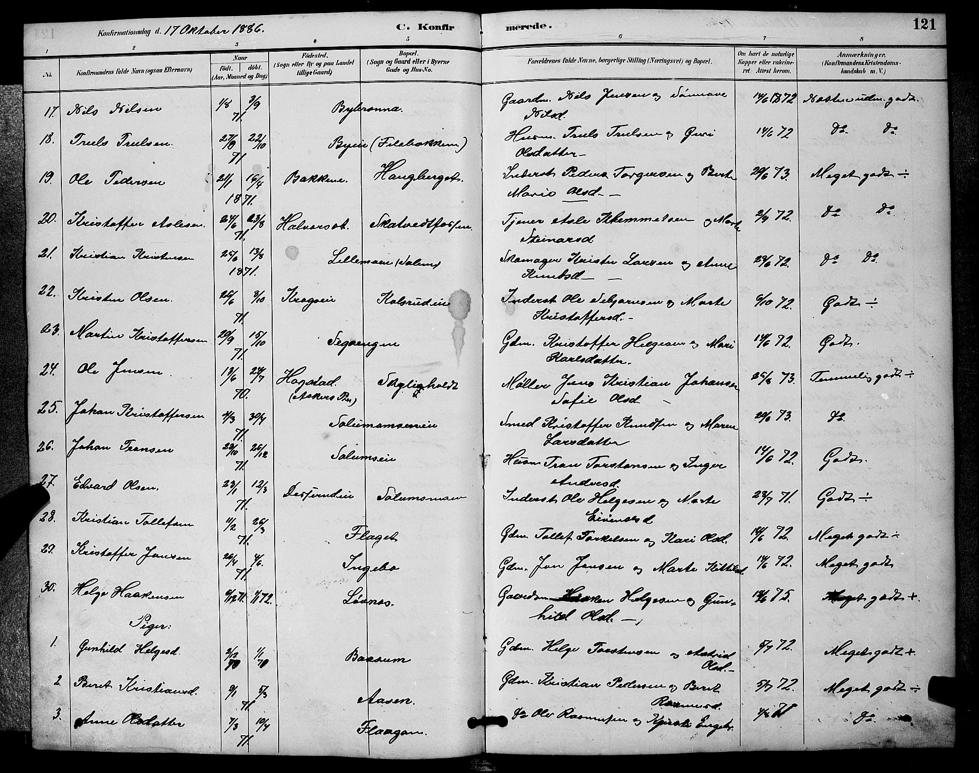 Sigdal kirkebøker, SAKO/A-245/G/Ga/L0005: Parish register (copy) no. I 5, 1886-1900, p. 121