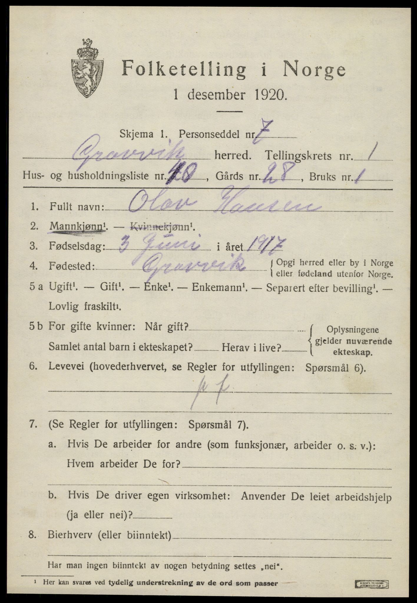 SAT, 1920 census for Gravvik, 1920, p. 746