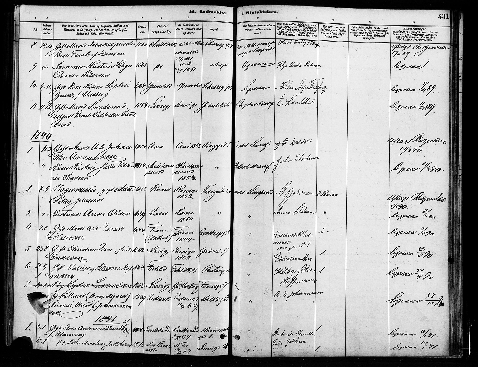 Grønland prestekontor Kirkebøker, SAO/A-10848/F/Fa/L0008: Parish register (official) no. 8, 1881-1893, p. 431
