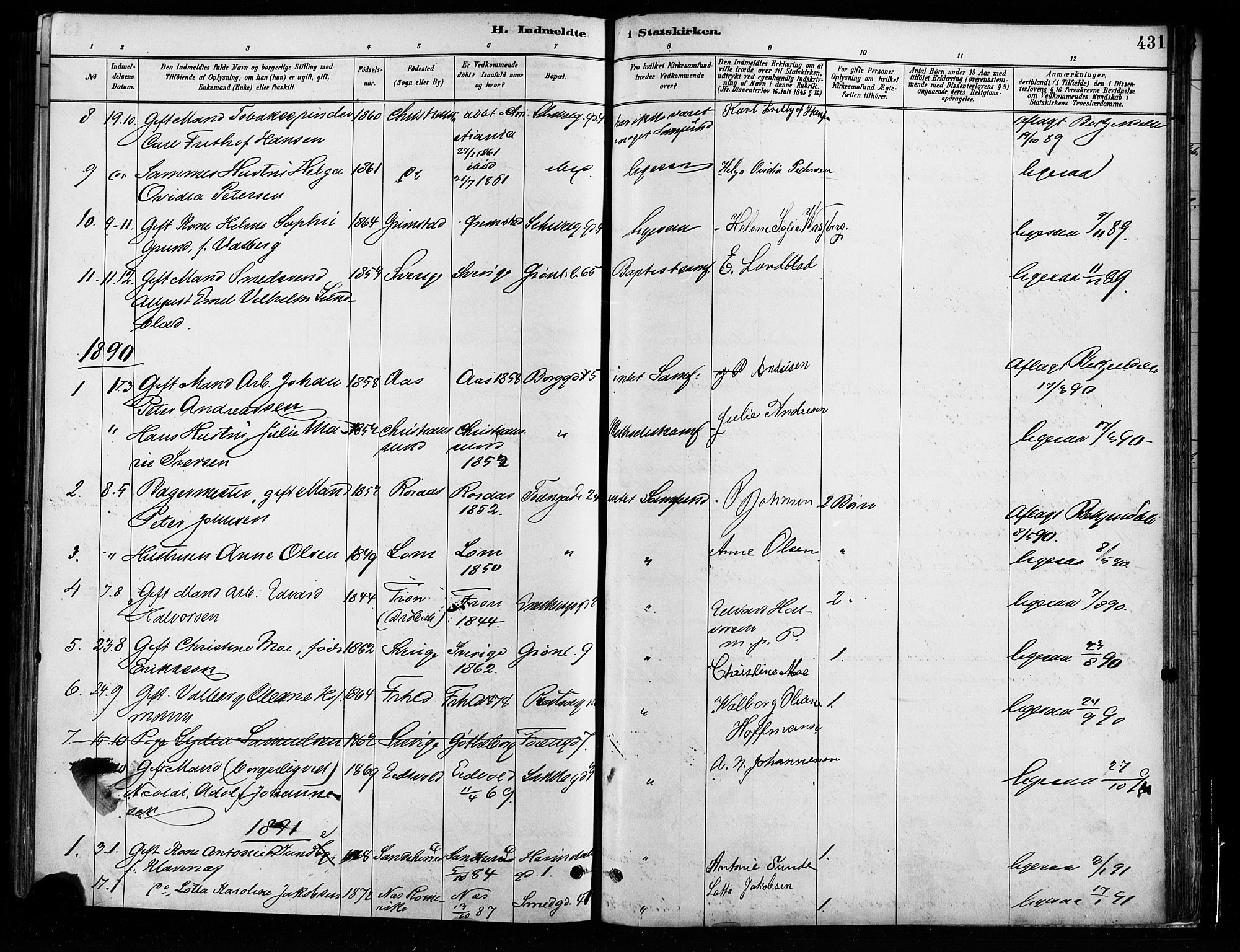 Grønland prestekontor Kirkebøker, AV/SAO-A-10848/F/Fa/L0008: Parish register (official) no. 8, 1881-1893, p. 431