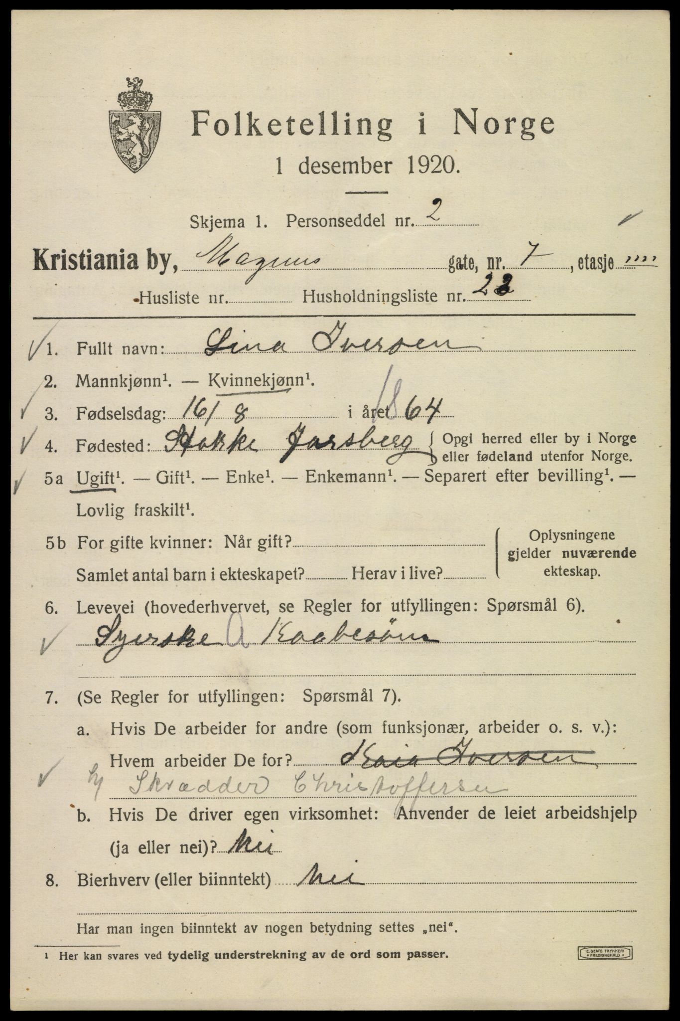 SAO, 1920 census for Kristiania, 1920, p. 371253