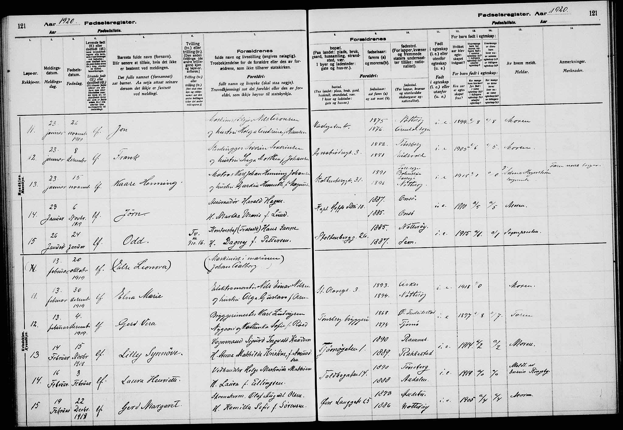 Tønsberg kirkebøker, AV/SAKO-A-330/J/Ja/L0001: Birth register no. 1, 1916-1922, p. 121