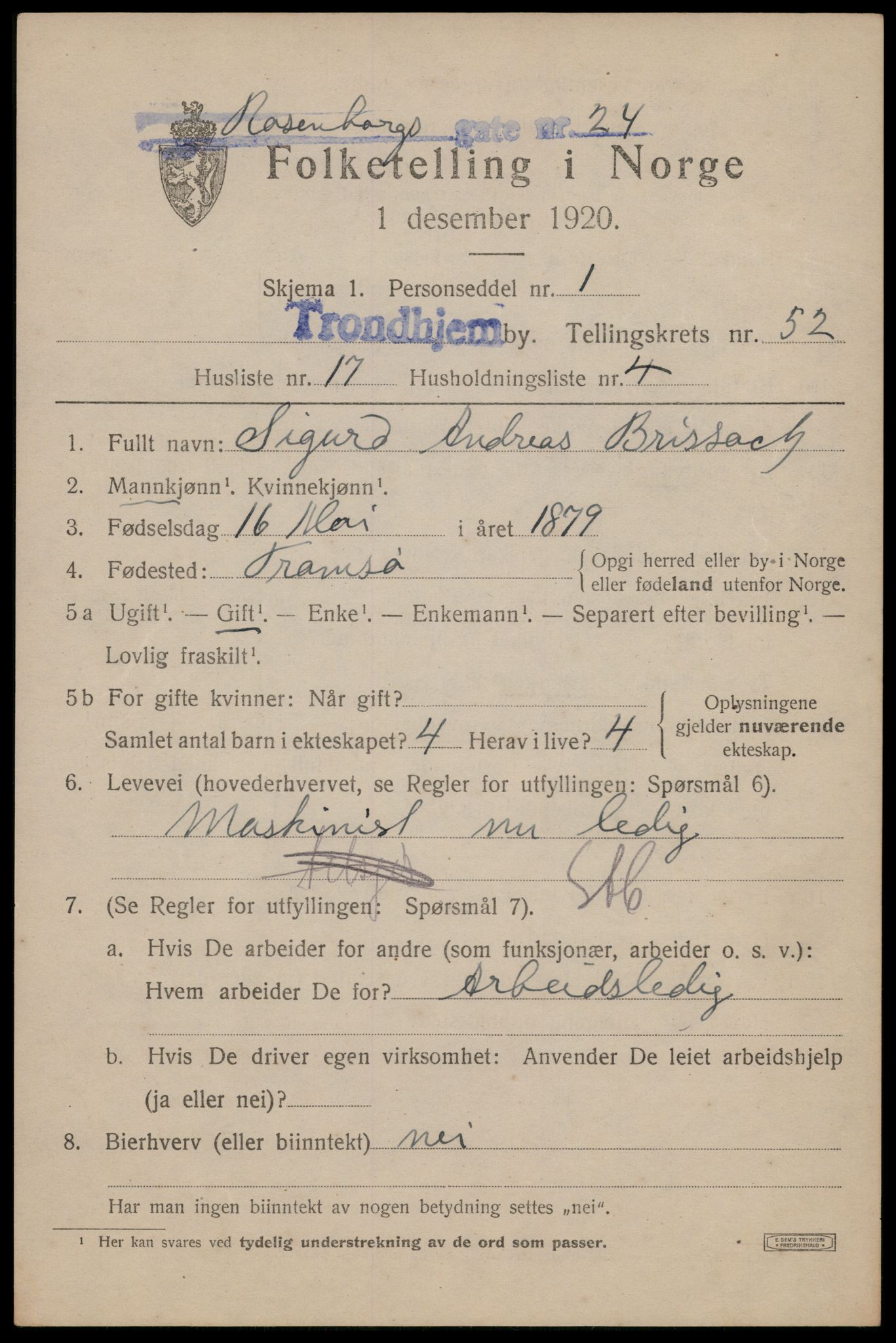 SAT, 1920 census for Trondheim, 1920, p. 107422