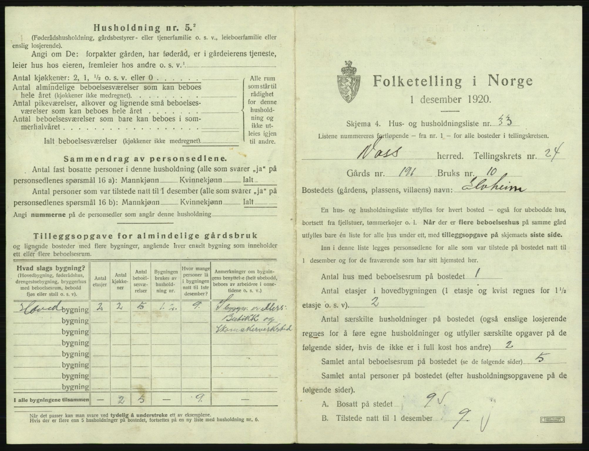 SAB, 1920 census for Voss, 1920, p. 2155