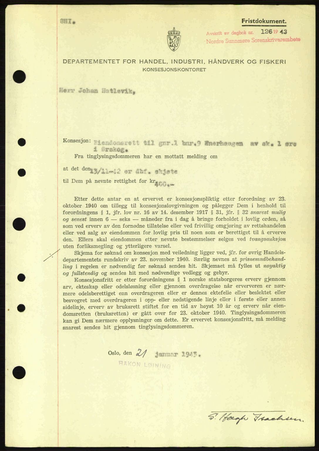 Nordre Sunnmøre sorenskriveri, SAT/A-0006/1/2/2C/2Ca: Mortgage book no. B6-14 a, 1942-1945, Diary no: : 126/1943