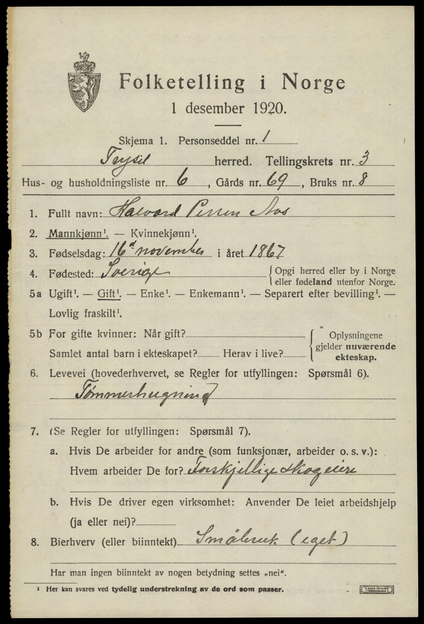 SAH, 1920 census for Trysil, 1920, p. 3543