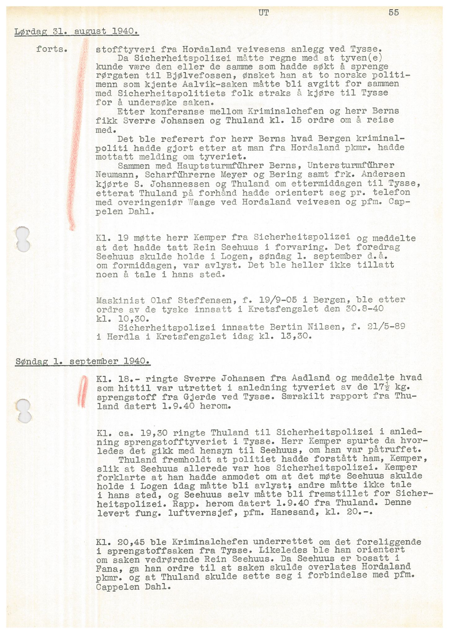 Bergen politikammer / politidistrikt, SAB/A-60401/Y/Ye/L0001: Avskrift av krigsdagbok av Dankert Thuland, 1940-1941, p. 55
