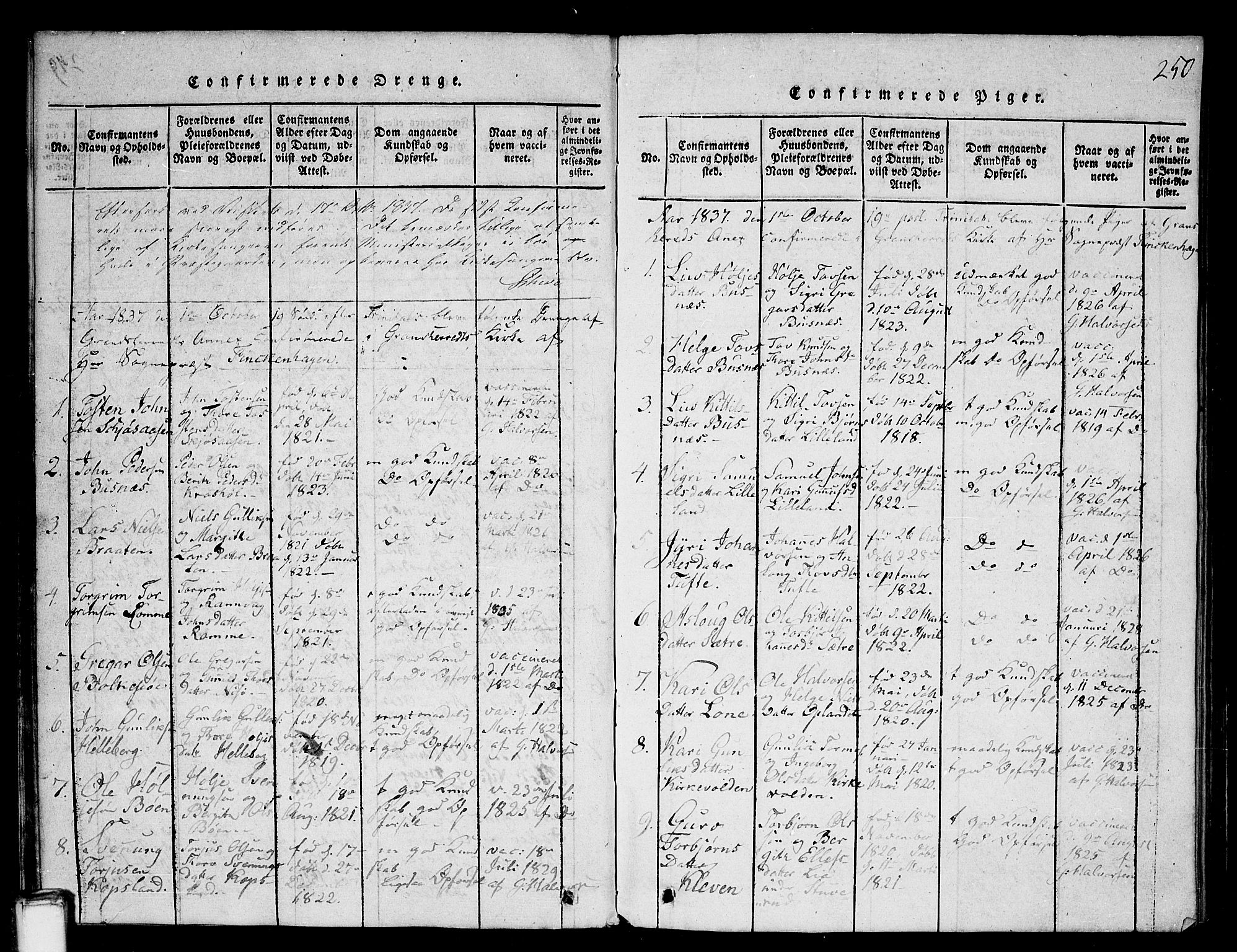 Gransherad kirkebøker, SAKO/A-267/G/Ga/L0001: Parish register (copy) no. I 1, 1815-1842, p. 250