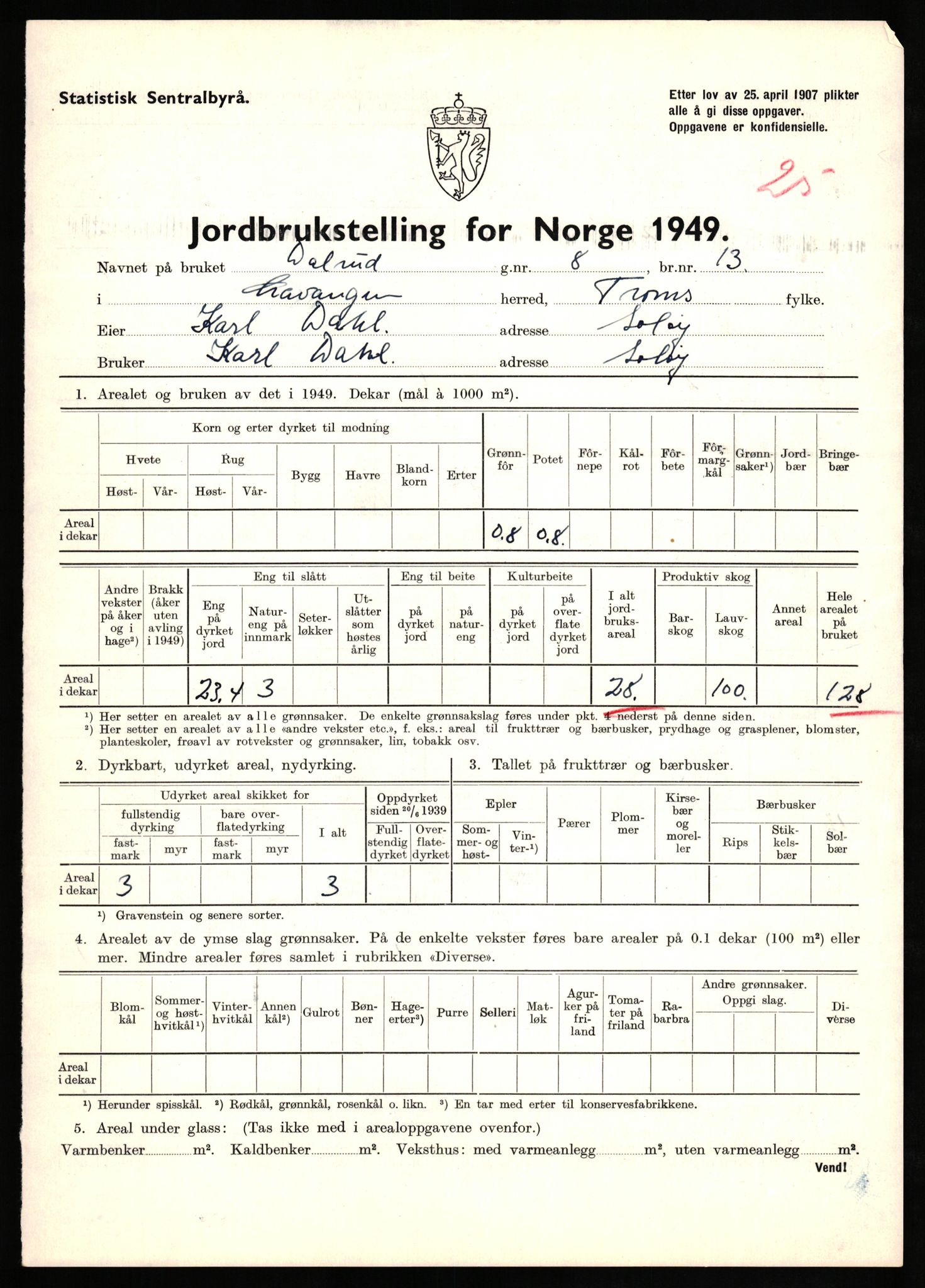 Statistisk sentralbyrå, Næringsøkonomiske emner, Jordbruk, skogbruk, jakt, fiske og fangst, AV/RA-S-2234/G/Gc/L0437: Troms: Gratangen og Lavangen, 1949, p. 367