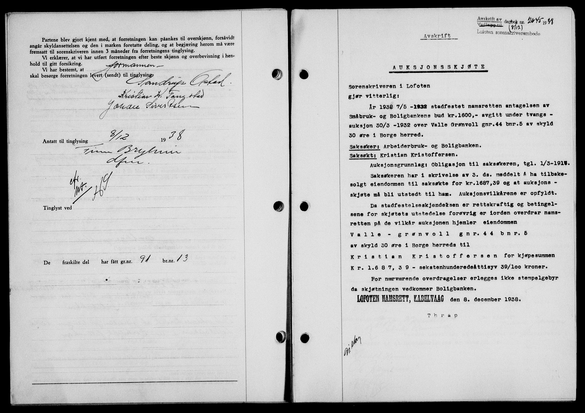 Lofoten sorenskriveri, SAT/A-0017/1/2/2C/L0005a: Mortgage book no. 5a, 1939-1939, Diary no: : 2645/1938