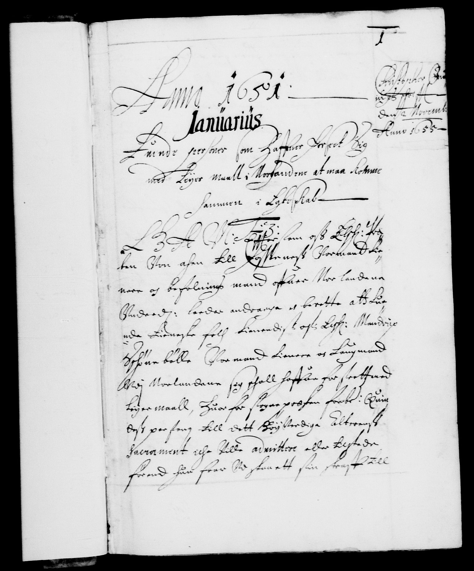 Danske Kanselli 1572-1799, RA/EA-3023/F/Fc/Fca/Fcaa/L0008: Norske registre (mikrofilm), 1651-1656, p. 1a