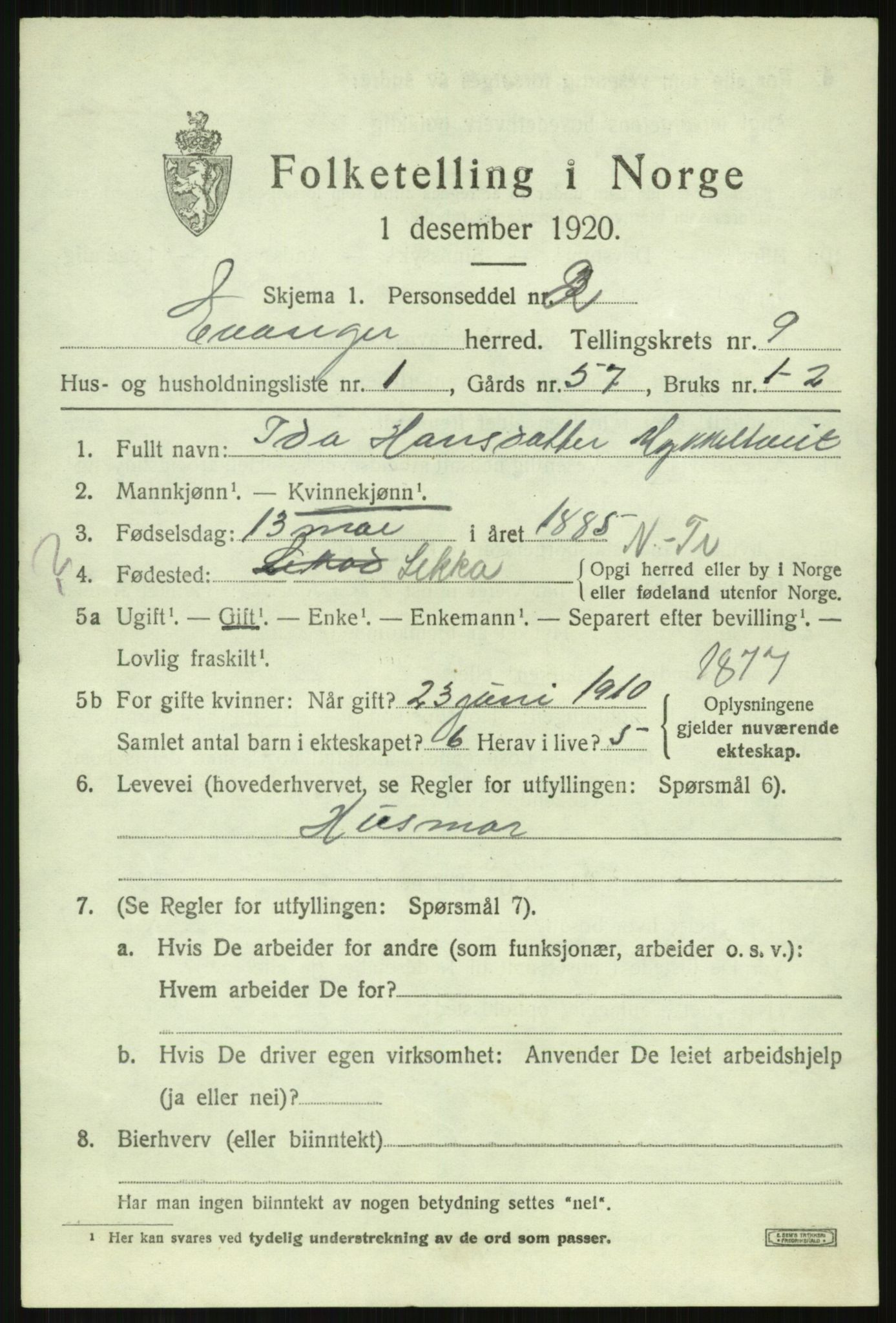 SAB, 1920 census for Evanger, 1920, p. 2675