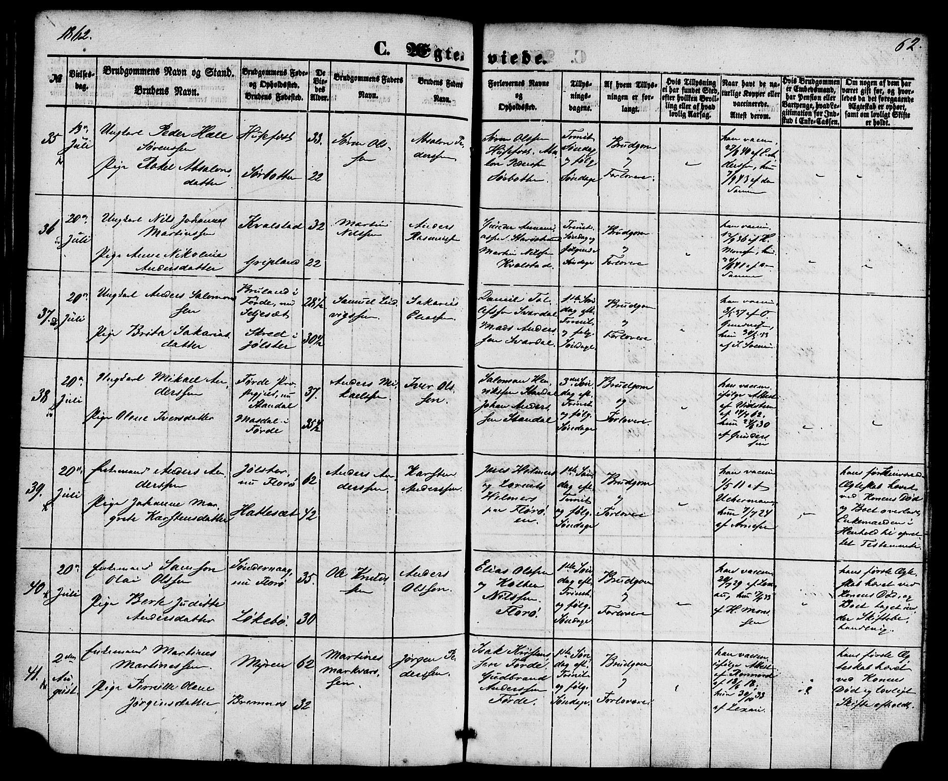 Kinn sokneprestembete, SAB/A-80801/H/Haa/Haaa/L0010: Parish register (official) no. A 10, 1852-1869, p. 62