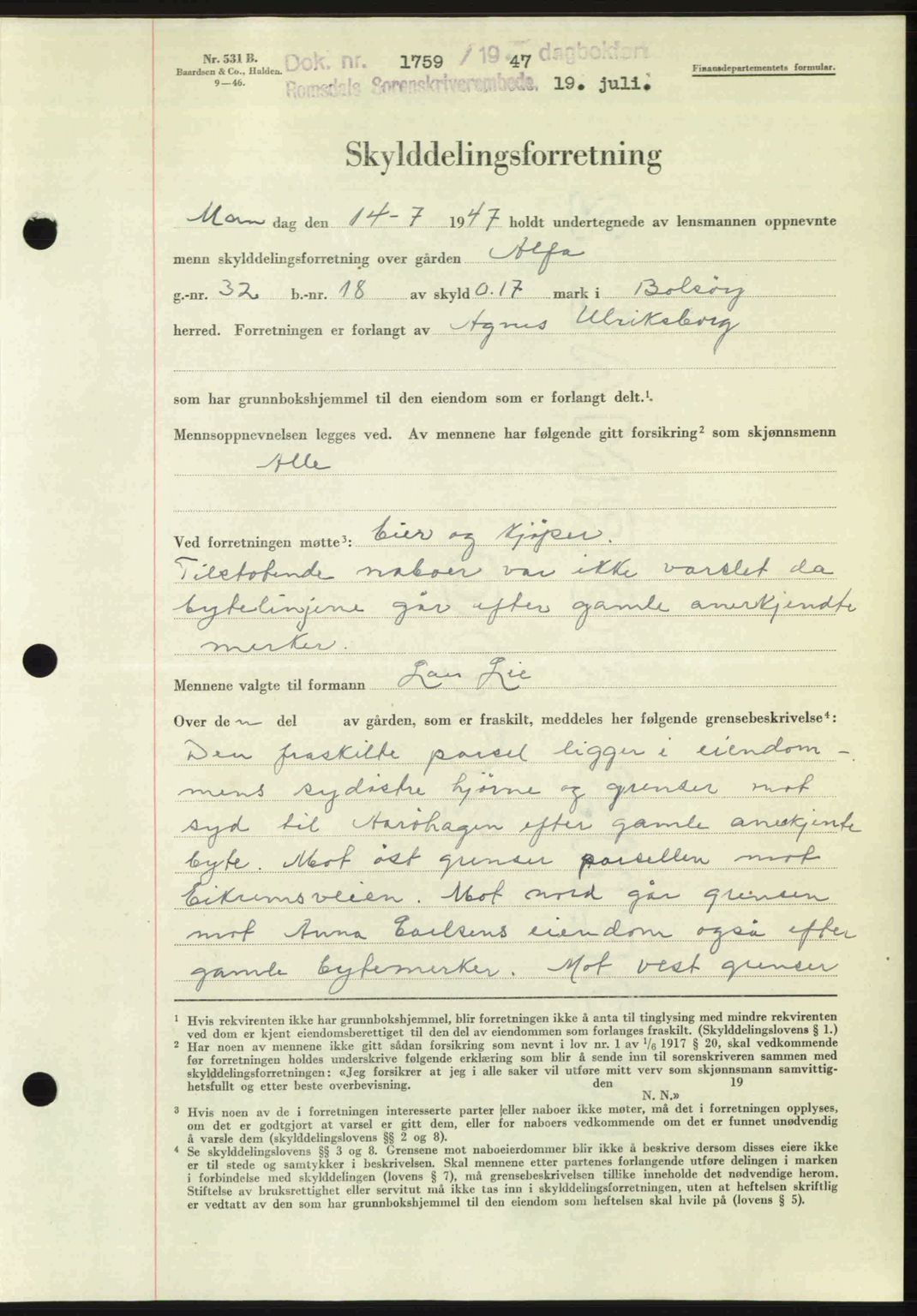 Romsdal sorenskriveri, AV/SAT-A-4149/1/2/2C: Mortgage book no. A23, 1947-1947, Diary no: : 1759/1947