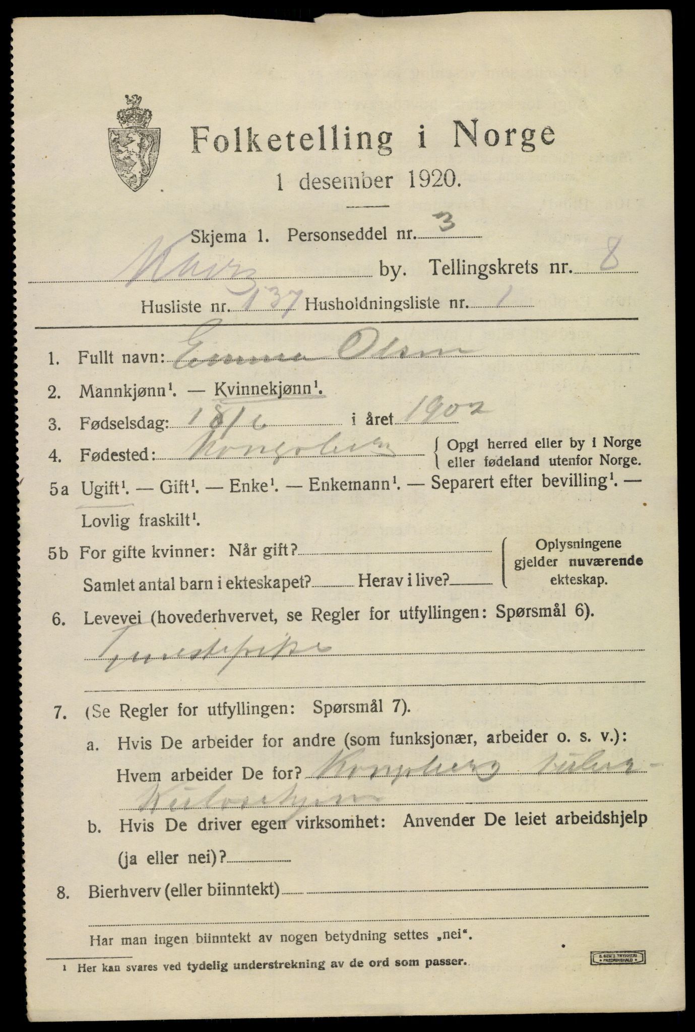 SAKO, 1920 census for Kongsberg, 1920, p. 18388